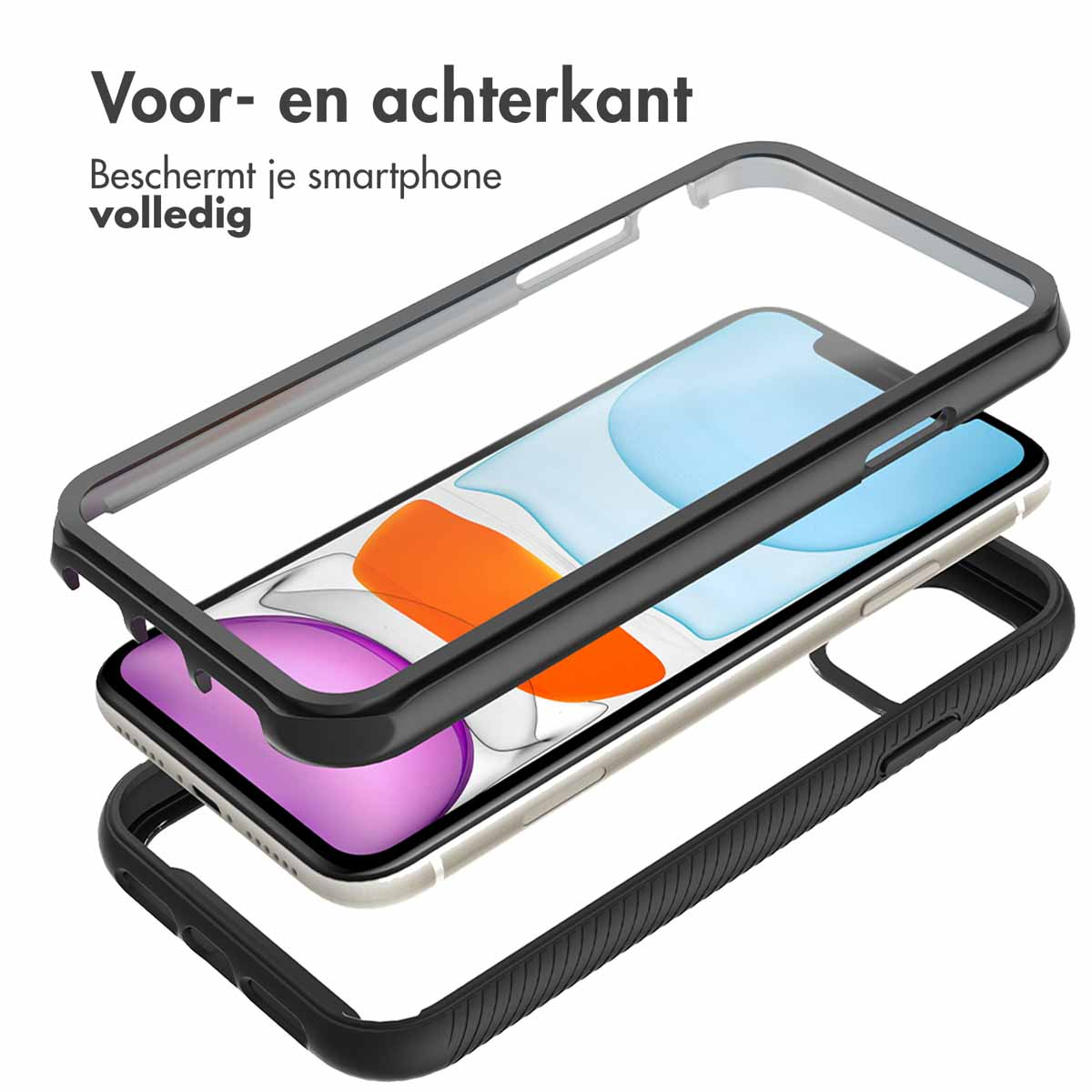 Smartphone in una custodia protettiva, vista esplosa. Sono mostrate custodie trasparenti, nere e nere.