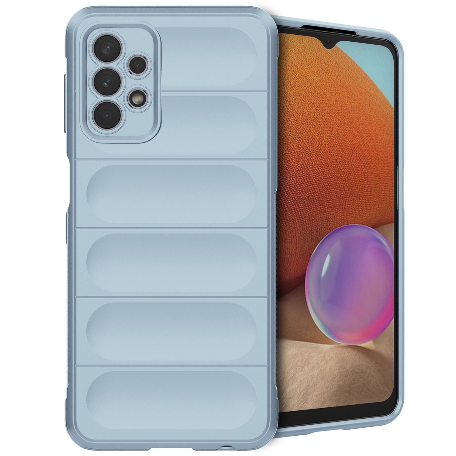 Une coque de téléphone bleu clair avec un téléphone. La coque est sur une surface blanche.