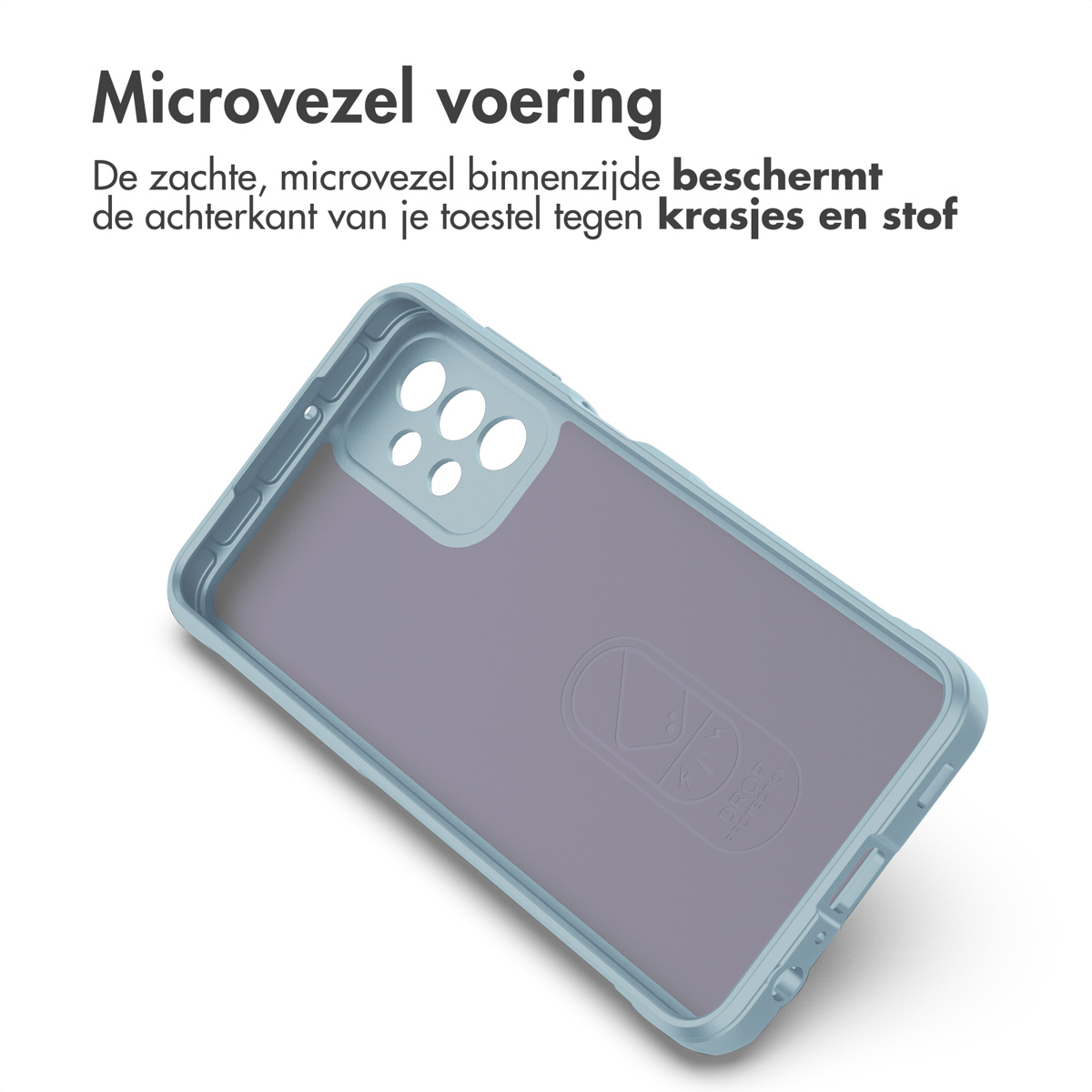 Intérieur d'une coque de téléphone. Il est bleu clair avec le logo Drop à l'intérieur.