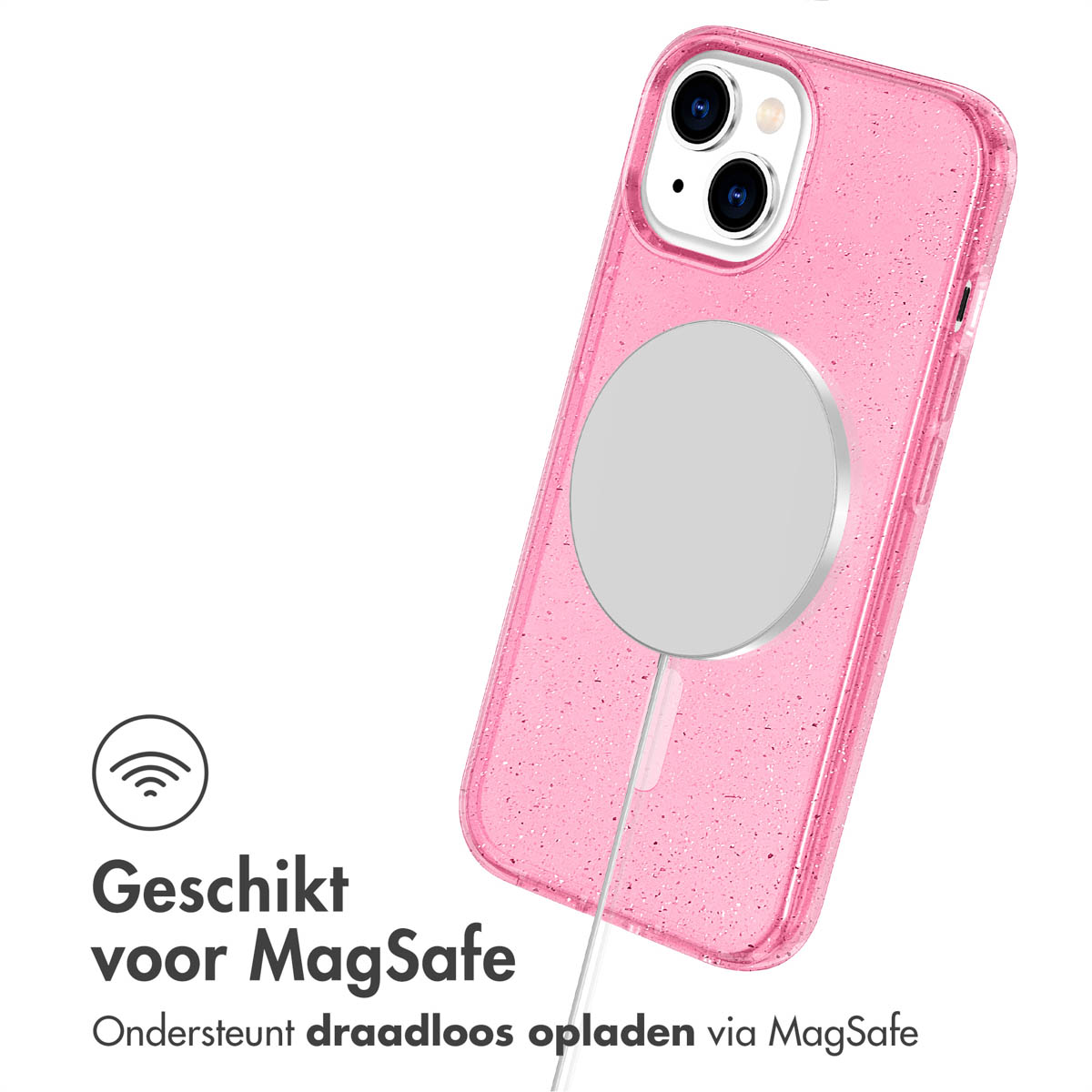 Custodia per telefono rosa con caricatore MagSafe collegato. Sfondo bianco. La custodia è glitterata.