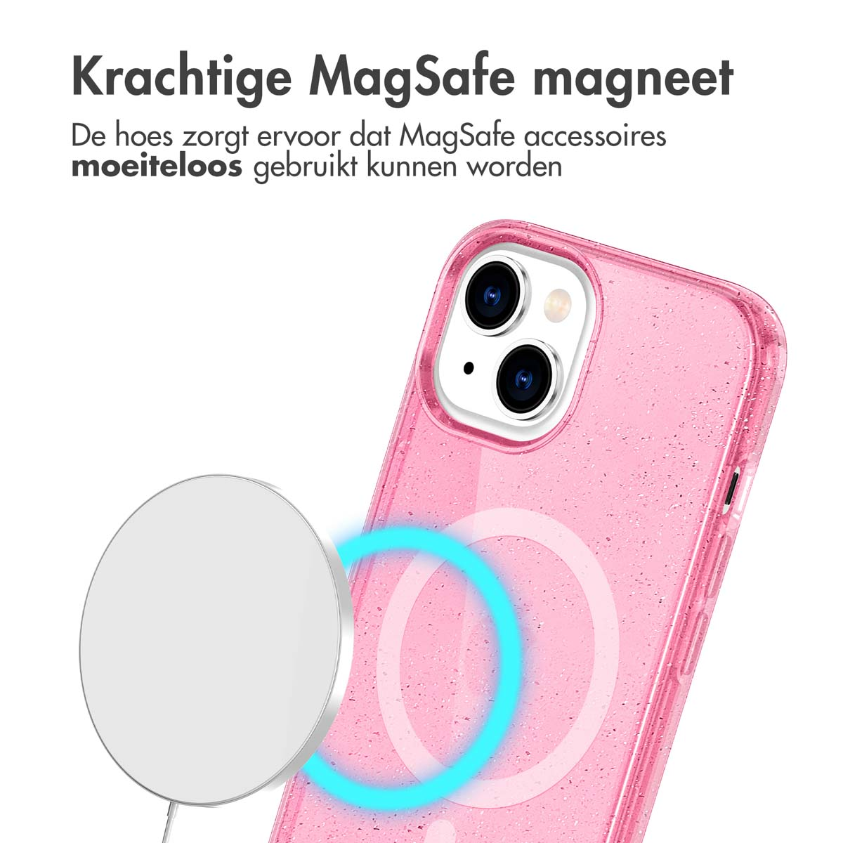 Custodia per telefono rosa con magnete MagSafe e primo piano del magnete.