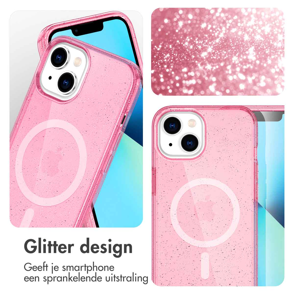 Due custodie per telefono rosa. La custodia ha un design glitterato.