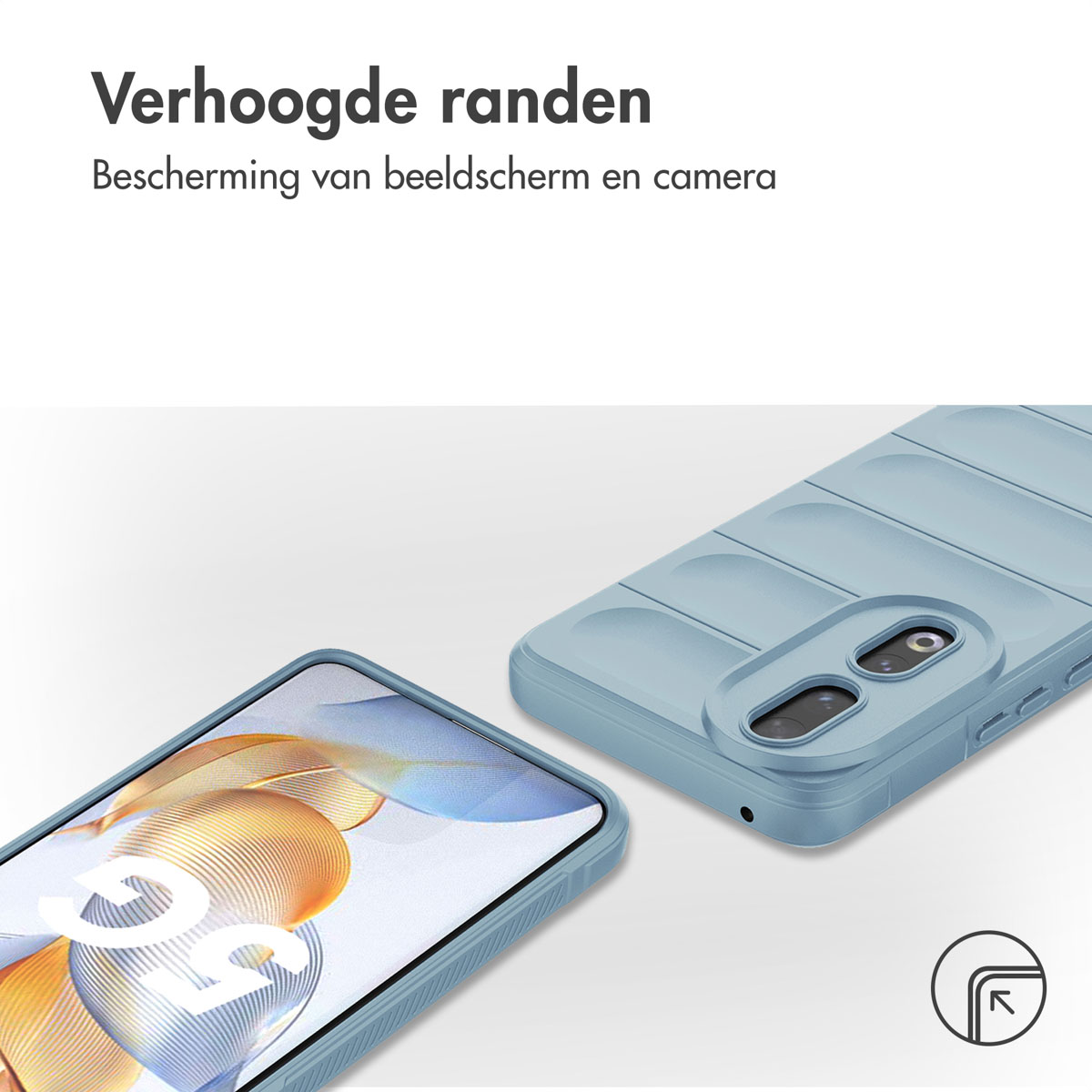 Telefoonhoesje en telefoon met verhoogde randen, de hoes is blauw.