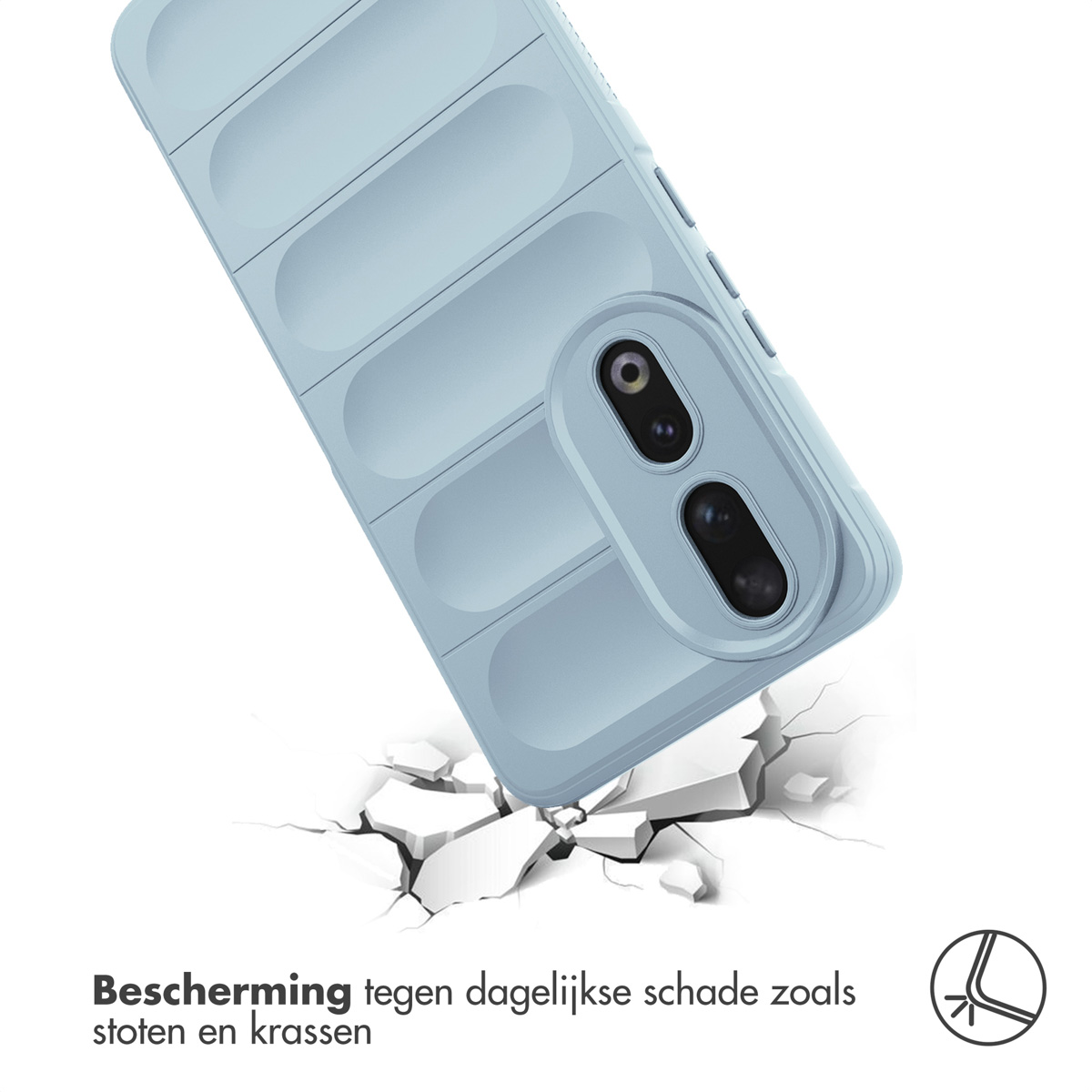 Lichtblauwe telefoonhoes met impactschade op de grond, valbescherming.