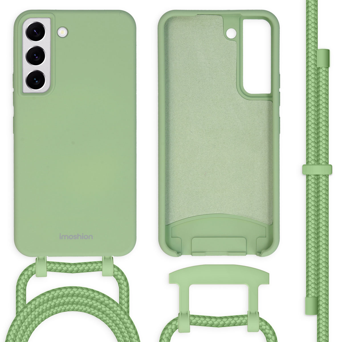 Een lichtgroene telefoonhoes, een koordband en een bijpassend hoesinterieur.