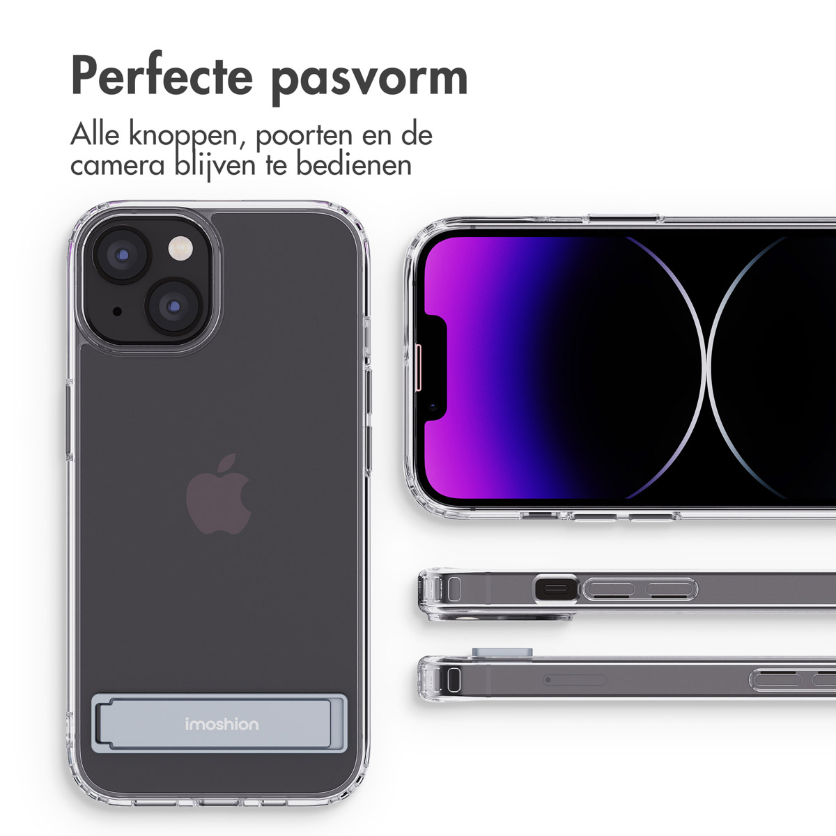 Custodia trasparente con supporto e telefono all'interno. Il telefono mostra il logo Apple.