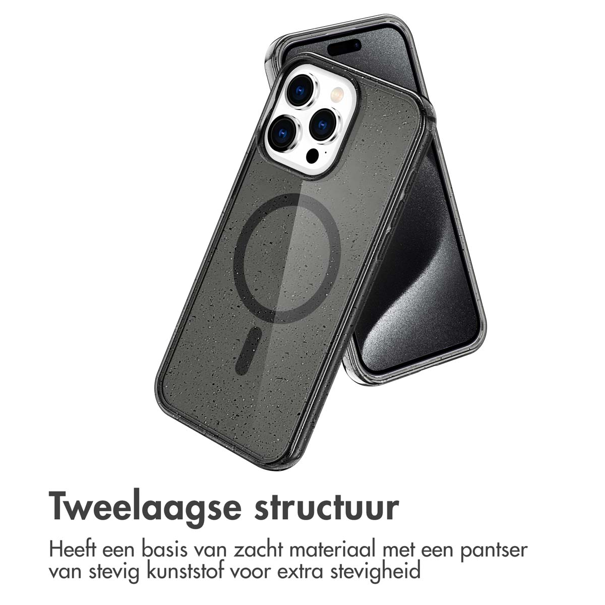 Telefoon met hoesje. Zwarte hoes met een cirkelvormig ontwerp. Een andere telefoon is gedeeltelijk erachter zichtbaar.