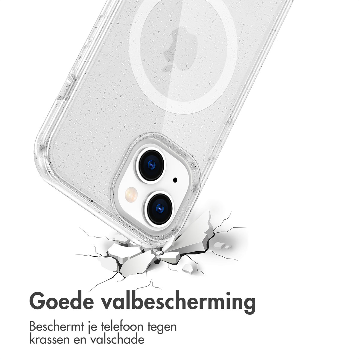 Clear phone case with a white glitter design, cracked ground effect.