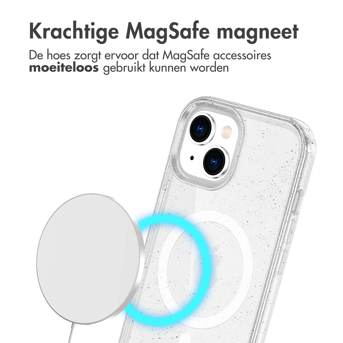 A phone inside a transparent case, with a magnetic circle for MagSafe accessories.