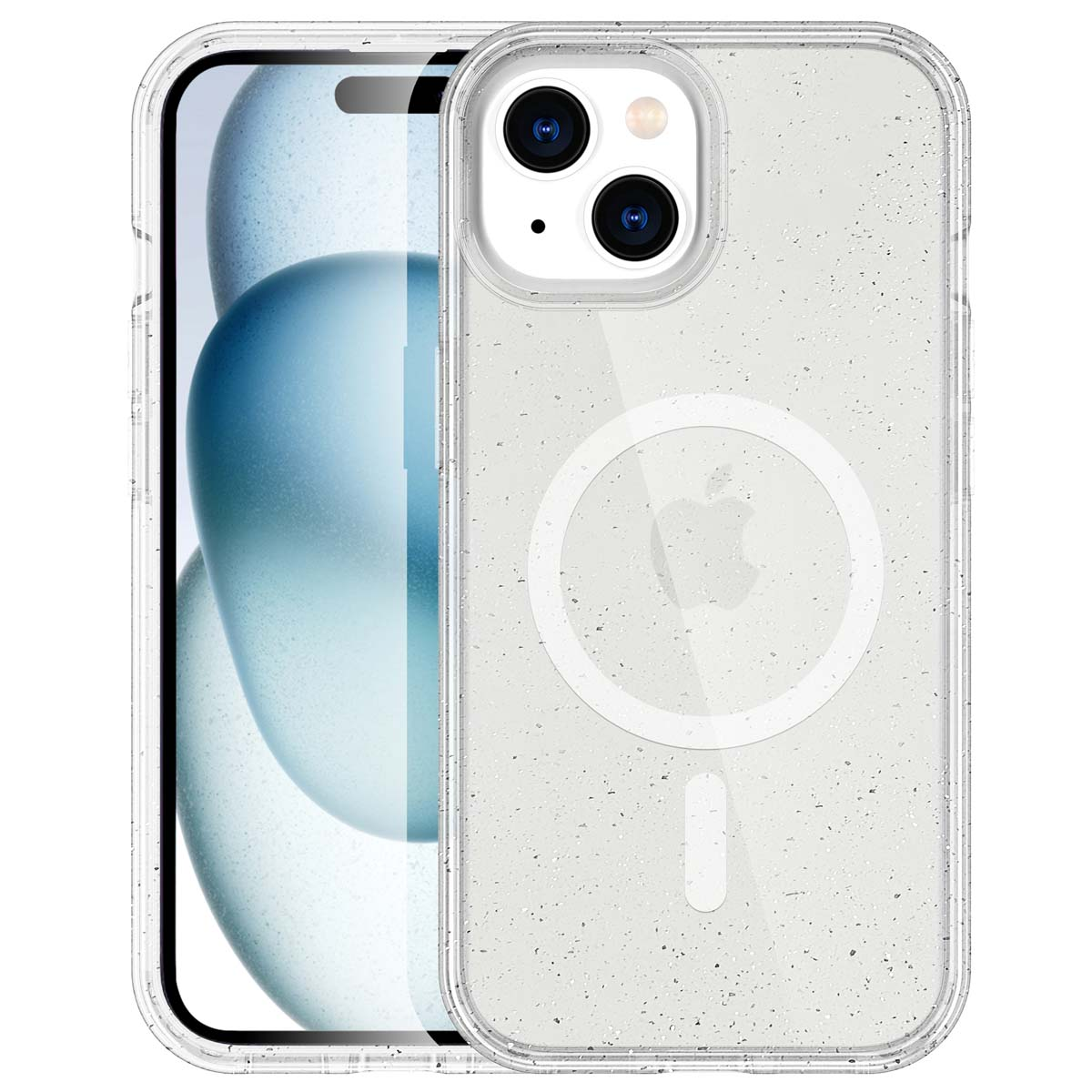 A clear phone case with an Apple logo design. A phone is inside the case.