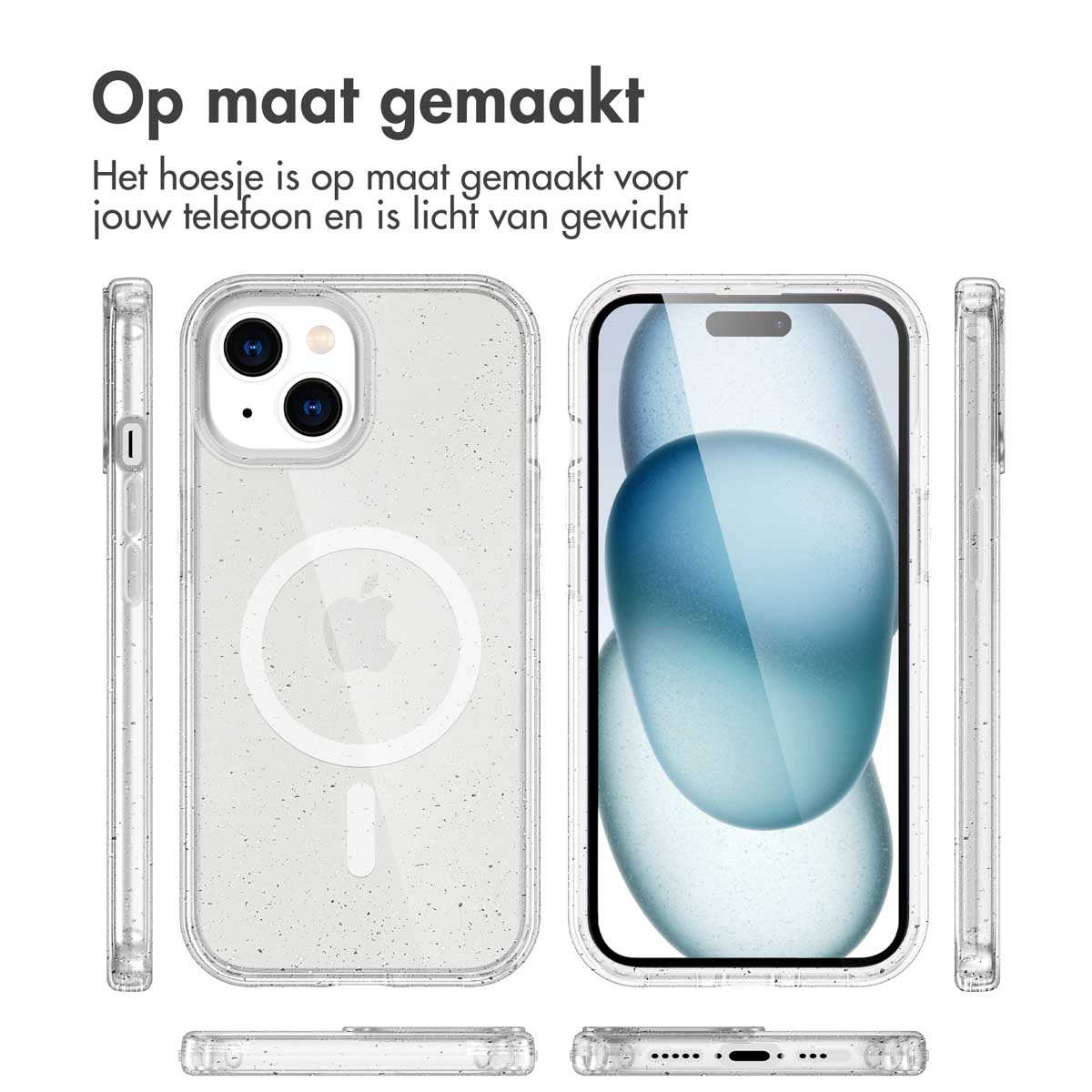 A clear phone case with sparkles. A phone is inside. Multiple views of the phone case.