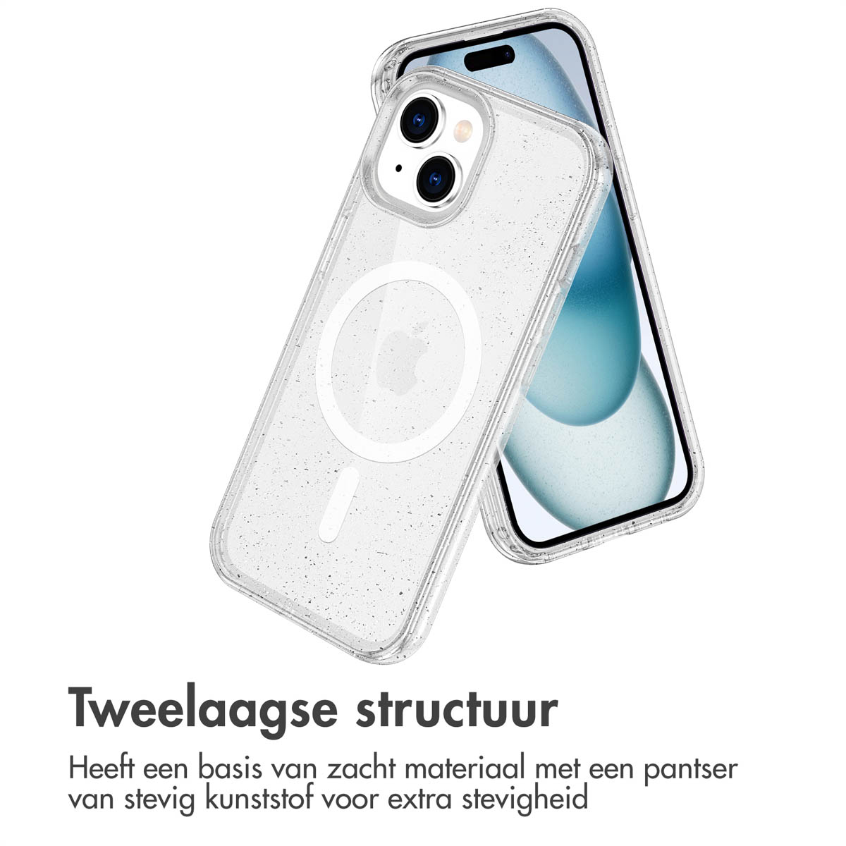 A phone case with a clear design with glitter inside. The case shows the inside and outside.