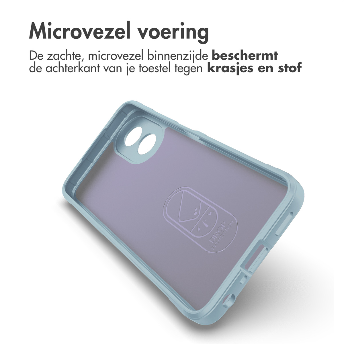 L'intérieur d'une coque de téléphone bleue est visible. Il a un cadre bleu clair. Il y a un logo en bas.