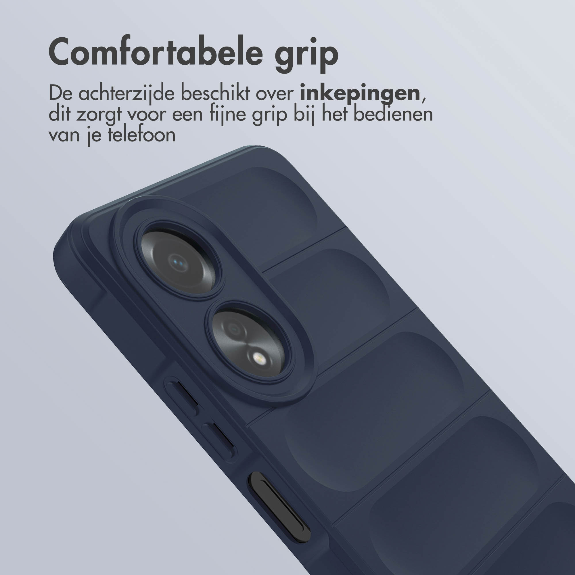 Een marineblauwe telefoonhoes met een textuuroppervlak. Het oppervlak heeft een patroon van verhoogde vierkanten.