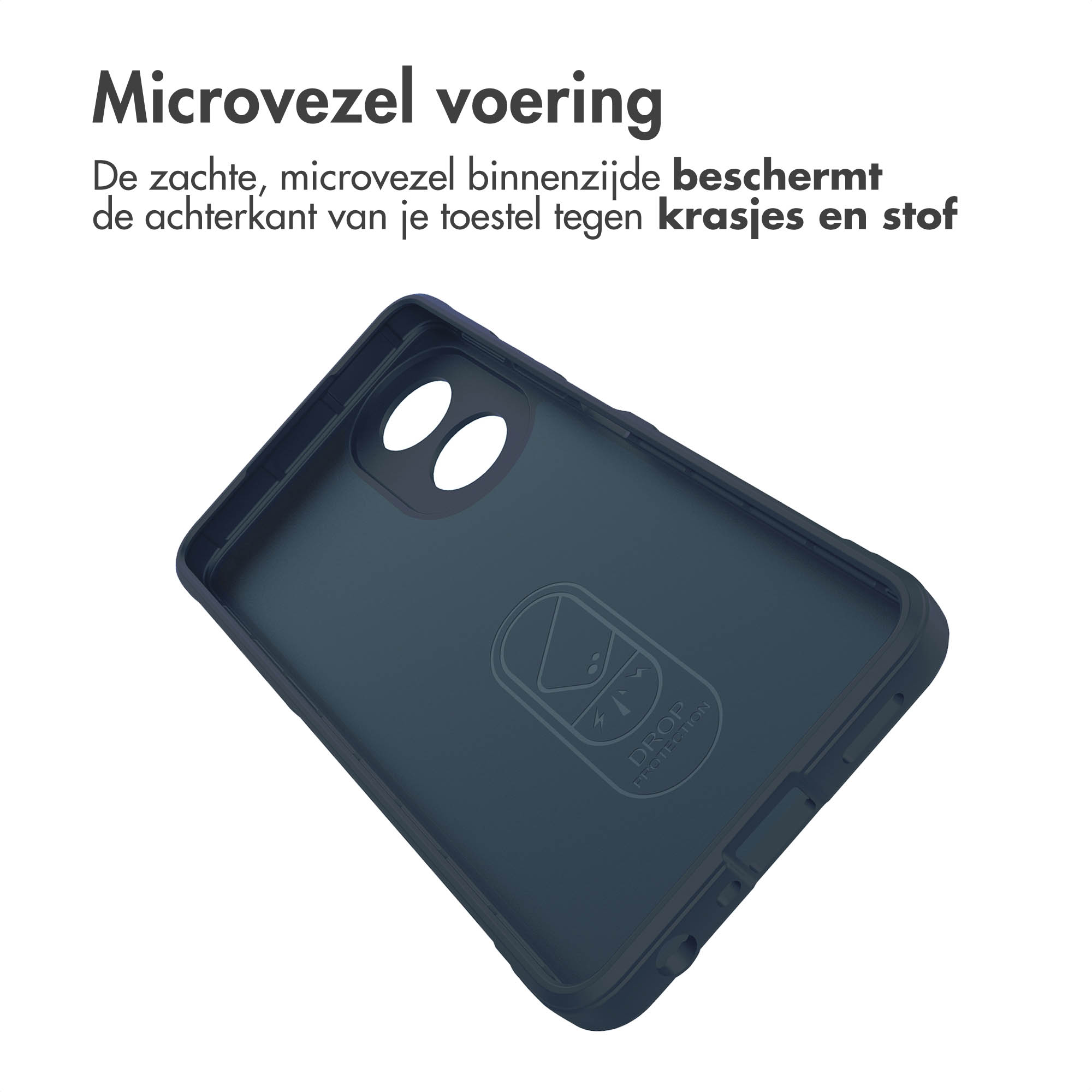 Binnenkant van een marineblauwe telefoonhoes. Het heeft een uitsparing voor de camera en een logo.