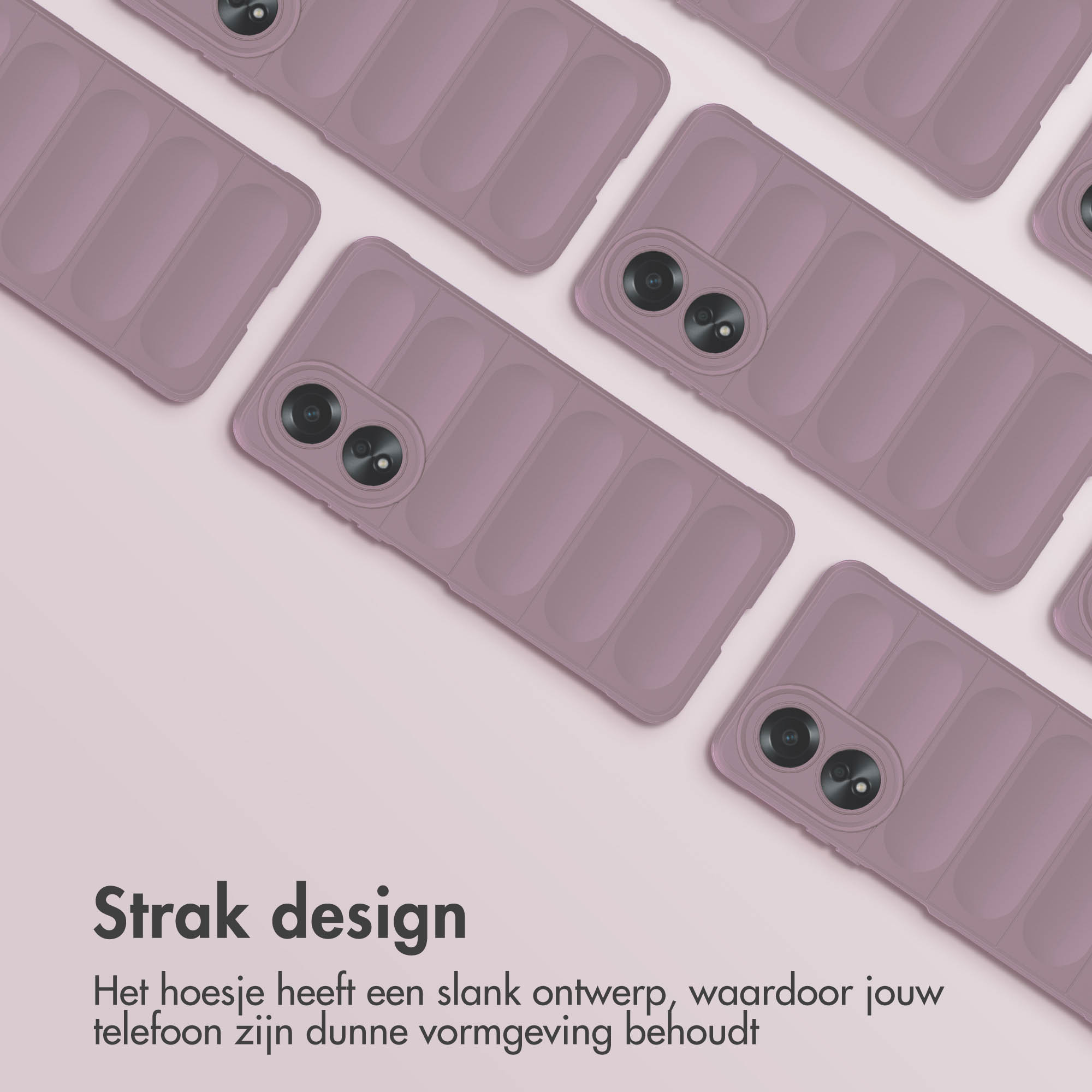Meerdere paarse telefoonhoesjes met een gestructureerd ontwerp, op een lichtroze achtergrond.
