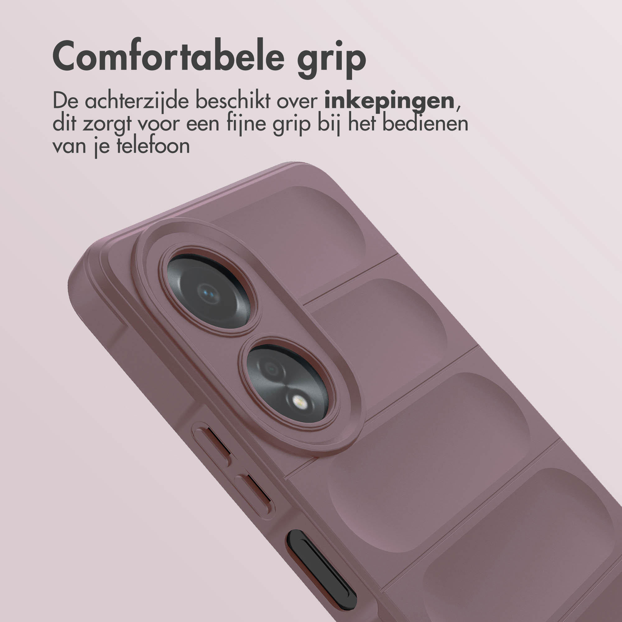 Close-up van een mauve telefoonhoesje met getextureerde achterkant. De hoes heeft camera- en knoopuitsparingen.