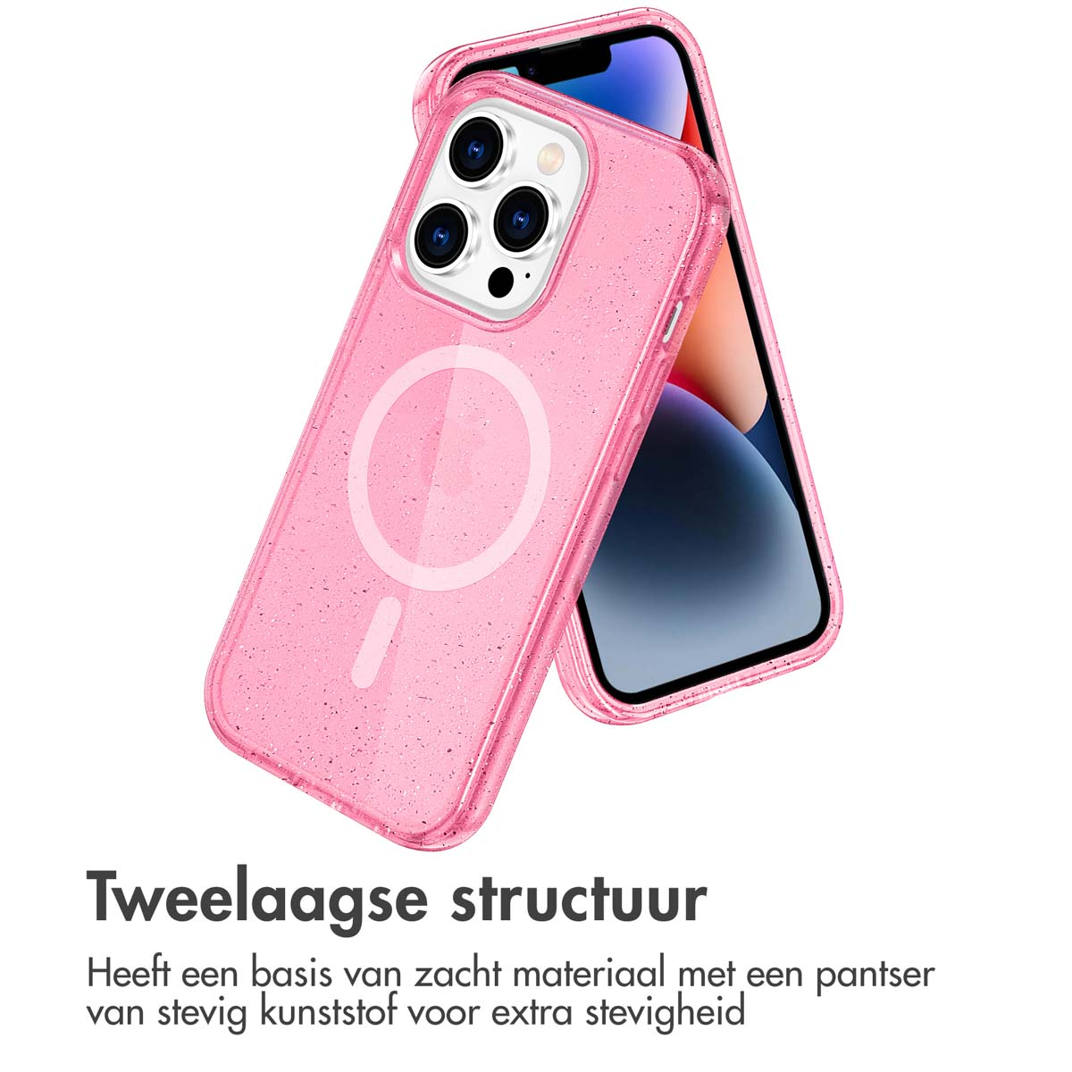 Deux coques de téléphone, roses et brillantes. L'une est au-dessus de l'autre. Fond blanc.