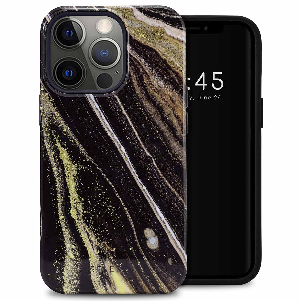 Un téléphone dans un étui à motifs marbrés avec une bordure noire. L'écran est noir et affiche l'heure.
