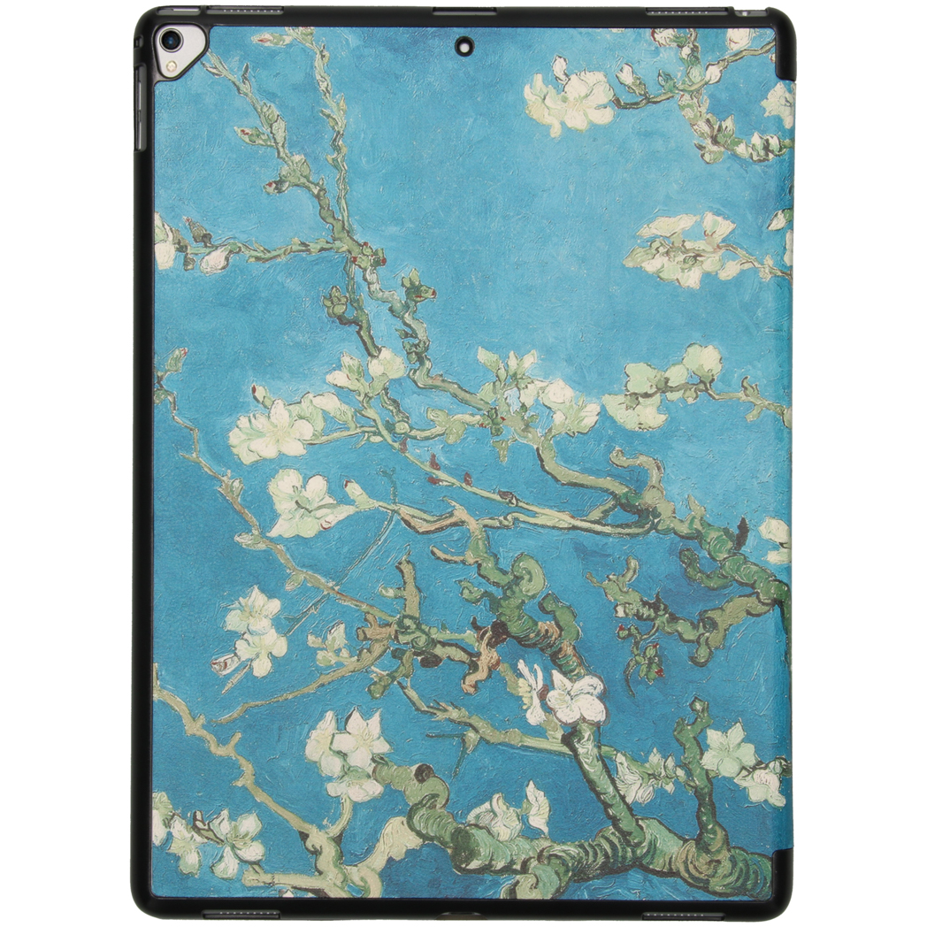 Tablet case with a painting of almond blossoms. Blue sky background. Black borders.