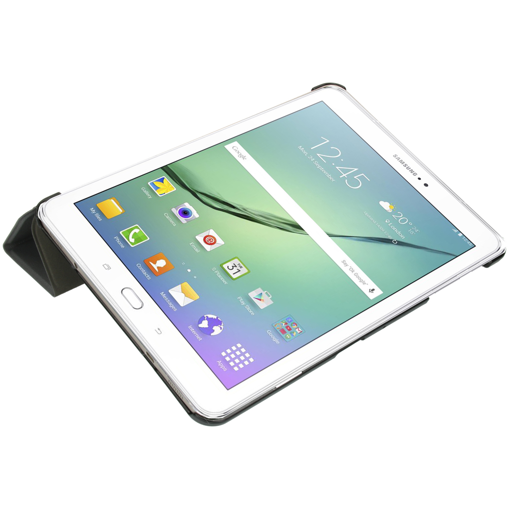 Een witte tablet met scherm aan en waarop een klok en pictogrammen worden weergegeven.