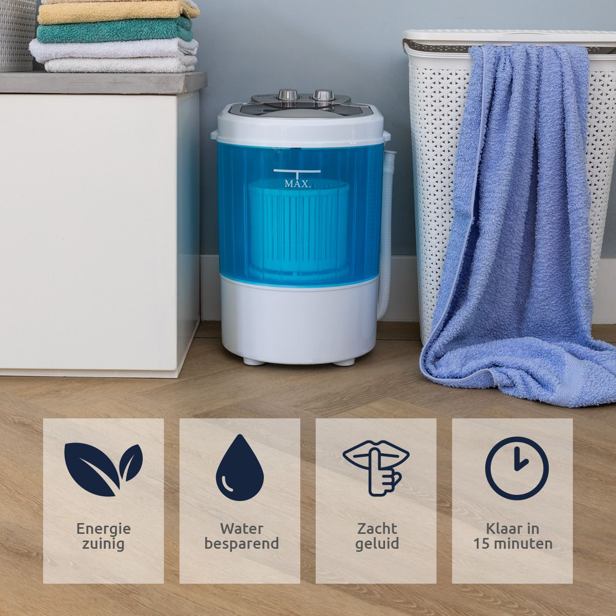 Een kleine wasmachine met blauw interieur en iconen voor functies: energiezuinig, waterbesparend.