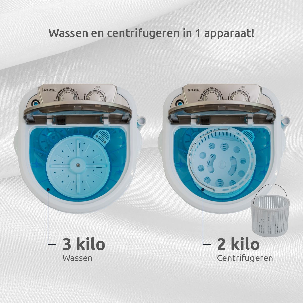 Twee kleine wasmachines naast elkaar. De linker zegt '3 kg wassen', de rechter zegt '2 kg centrifugeren'.
