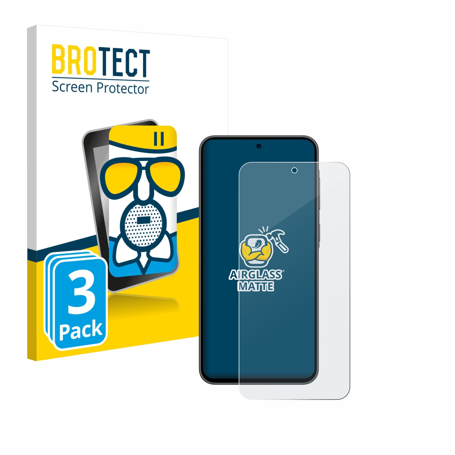 Bildschirm-Schutzfolien-Packung mit Telefon und Glas, und Schachtel. Die Schachtel hat ein Bild eines Telefons mit Brille.
