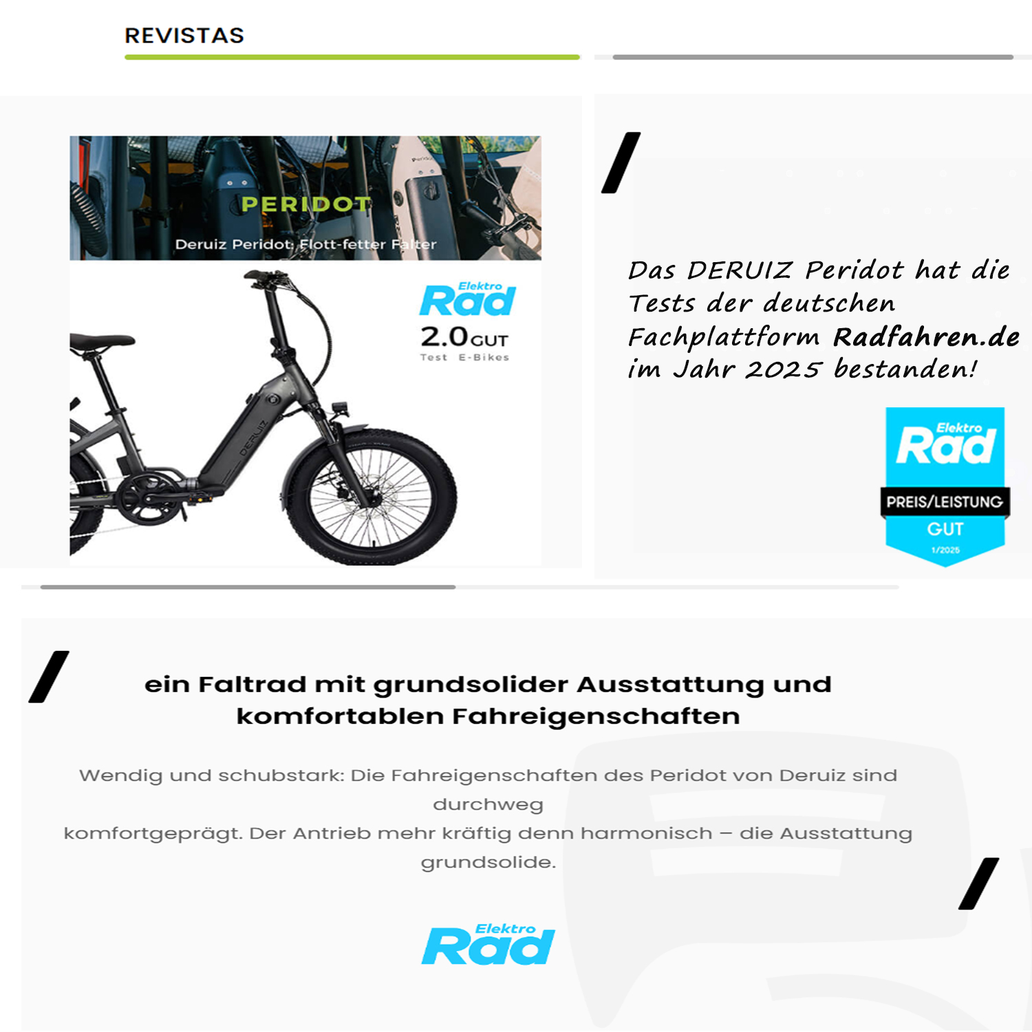 Ein elektrisches Faltrad, mit Werbetext auf Deutsch und einem Elektro Rad Test-Logo.