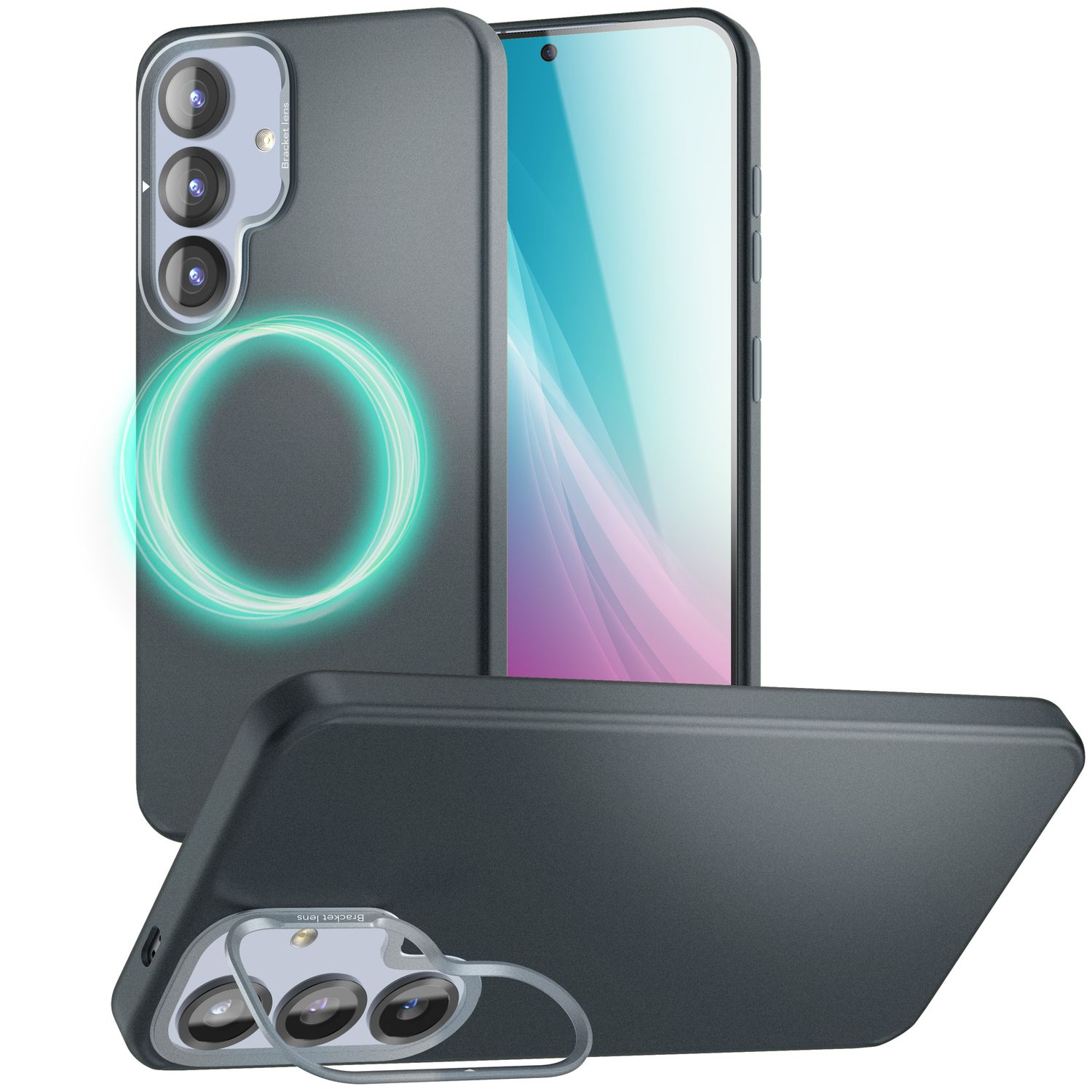 Funda de teléfono negra con diseño de círculo verde y tres cámaras. Se muestra otro teléfono.