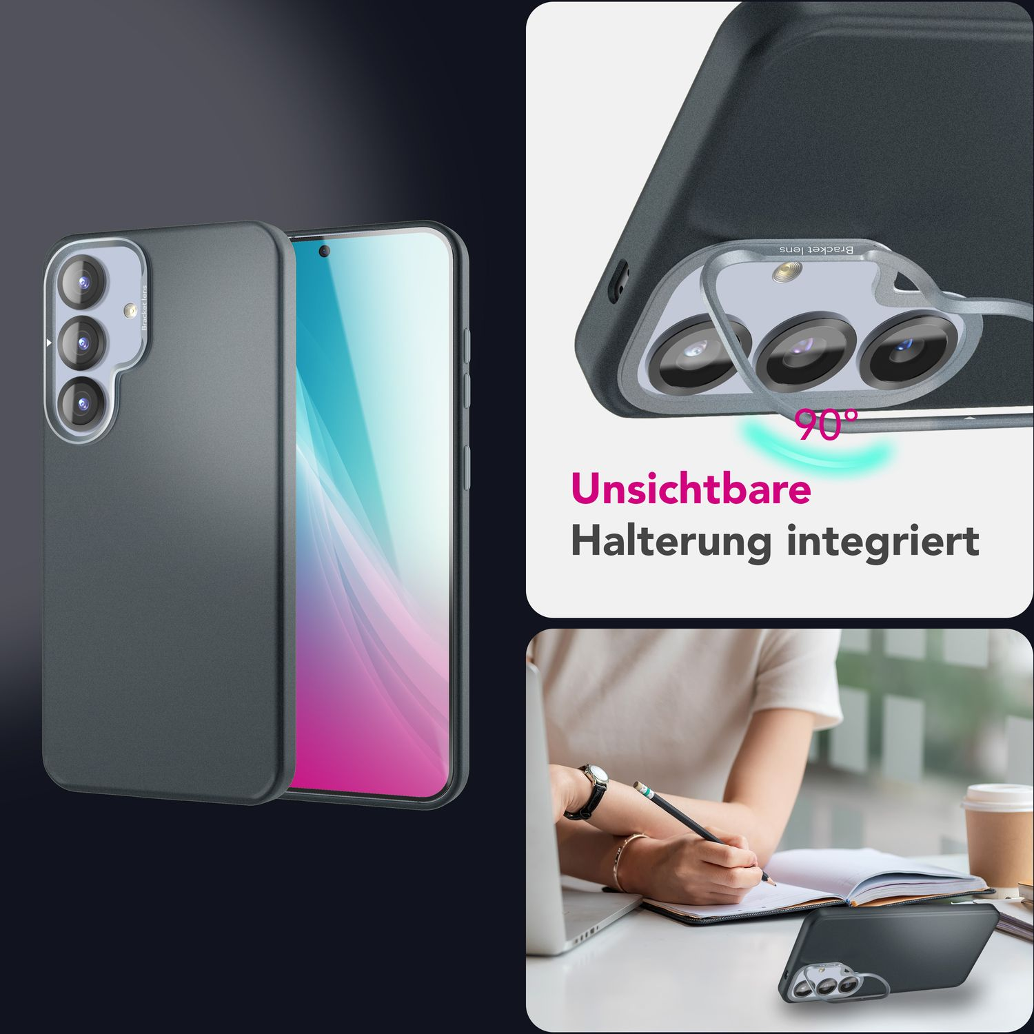 Una funda de teléfono de color gris oscuro. La imagen muestra su parte trasera, los laterales y la cámara integrada.