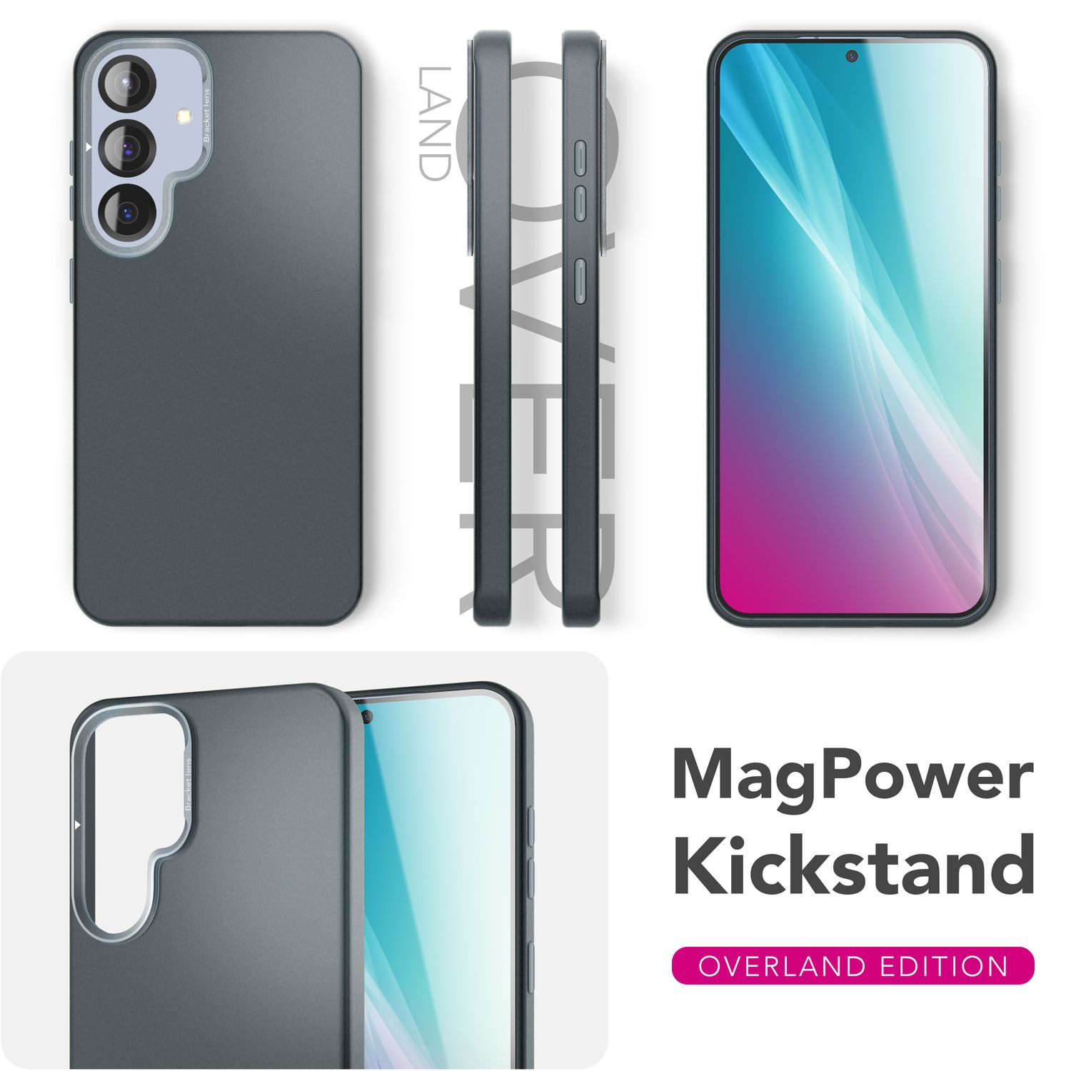 Múltiples vistas de un teléfono gris oscuro en una funda. El texto superpuesto dice 'MagPower Kickstand'.