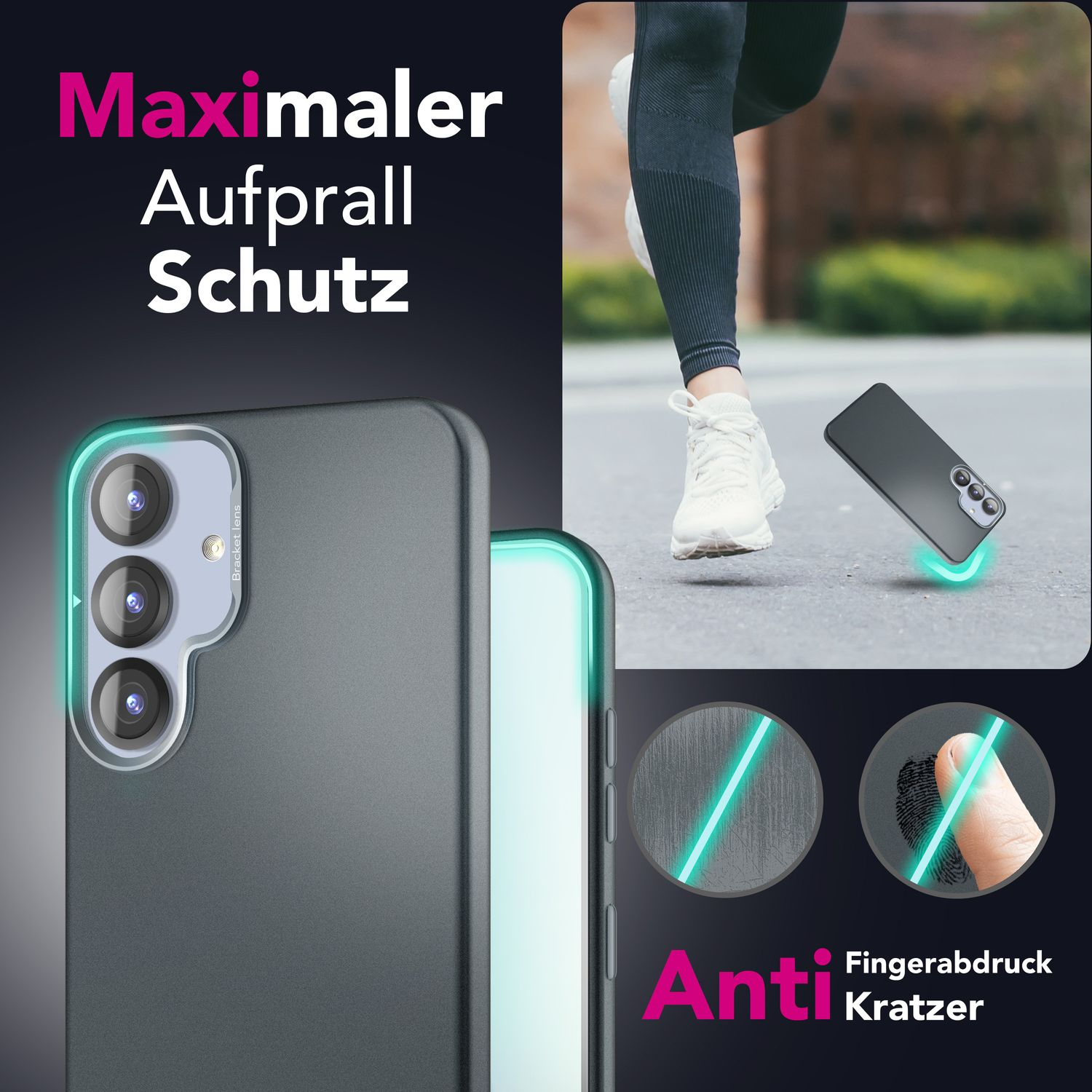 Funda de teléfono gris oscuro con una persona corriendo en el fondo, mostrando características antiarañazos y huellas dactilares.