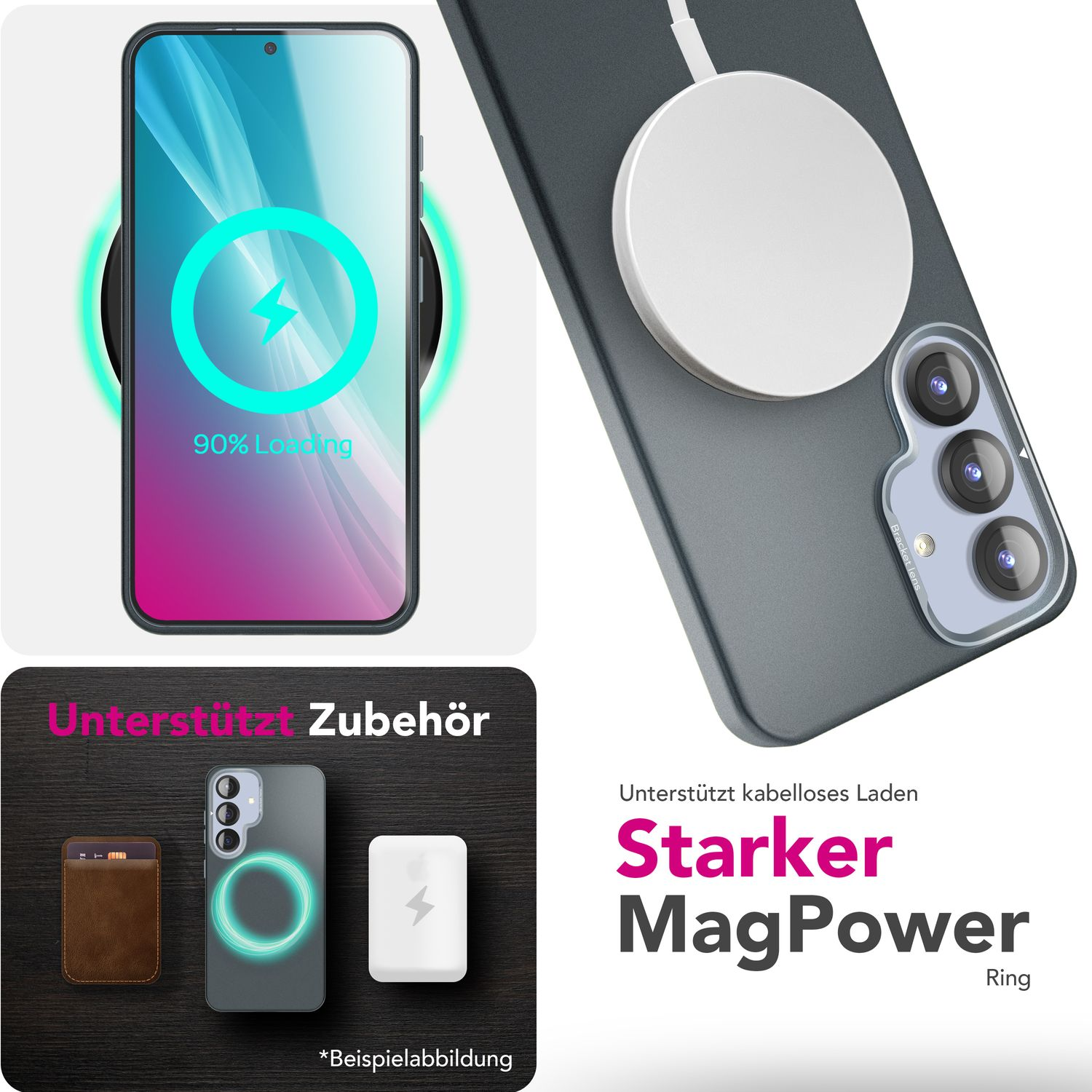 Teléfono en cargador inalámbrico. Muestra icono de carga. Accesorios para el teléfono se muestran abajo.