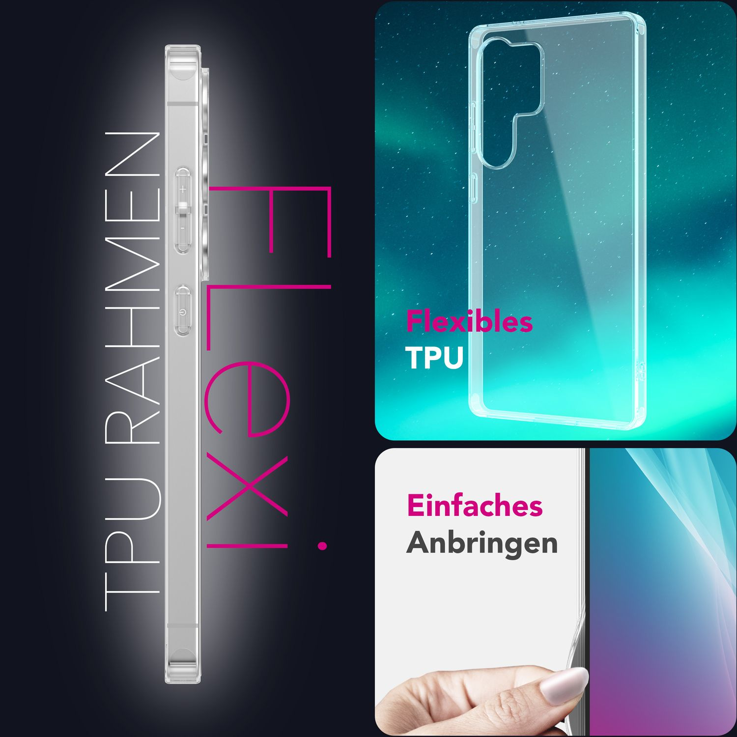 Telefon in klarer Hülle mit Seitenansicht. Die Hülle ist flexibel. Das Telefon ist in einer klaren Hülle sichtbar.