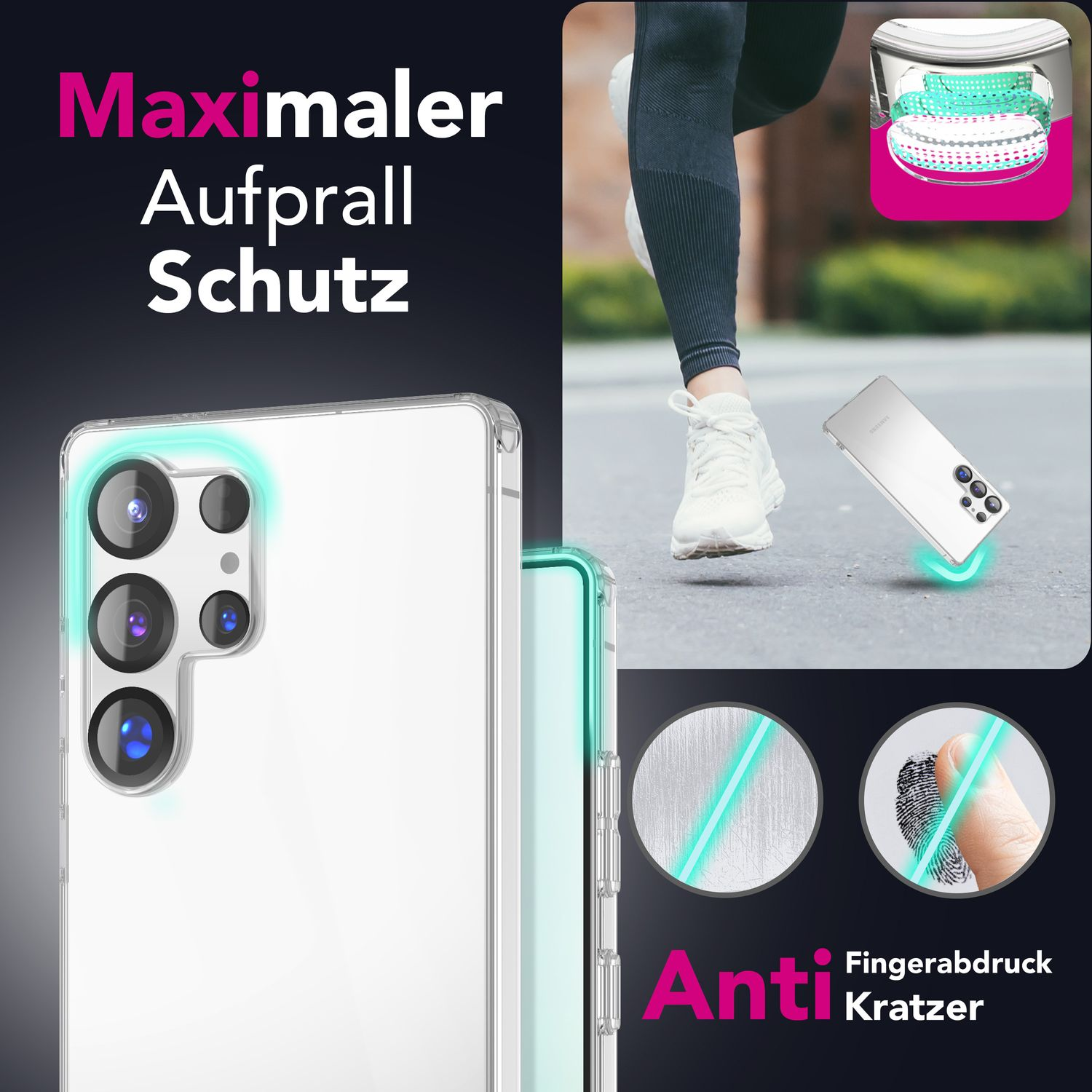 Telefon in Schutzhülle, die Anti-Fingerabdruck-Eigenschaften und maximalen Aufprallschutz zeigt.