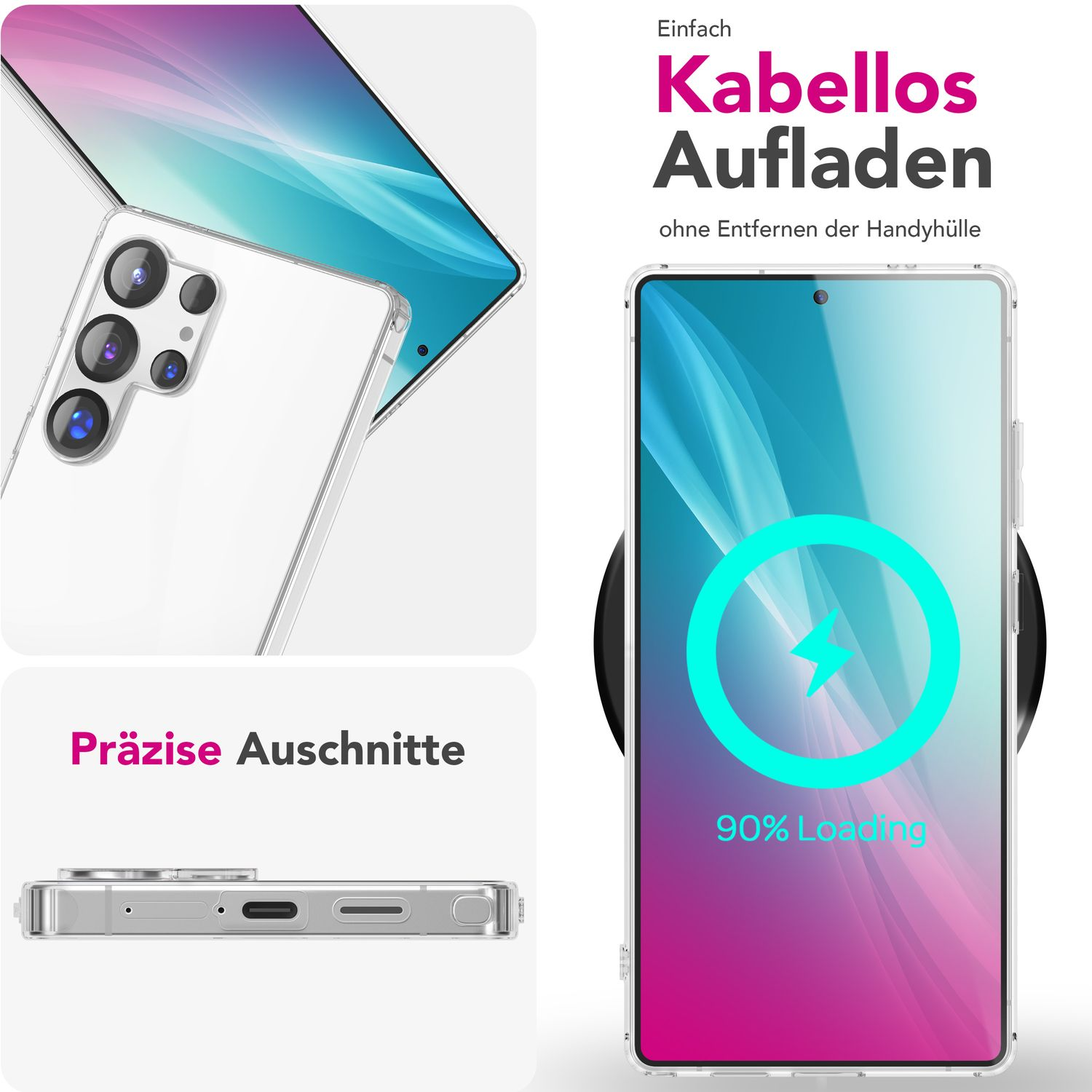 Kabelloses Laden des Telefons auf einem Ladepad. Das Telefon ist weiß mit einem rosa-lila Farbverlauf.