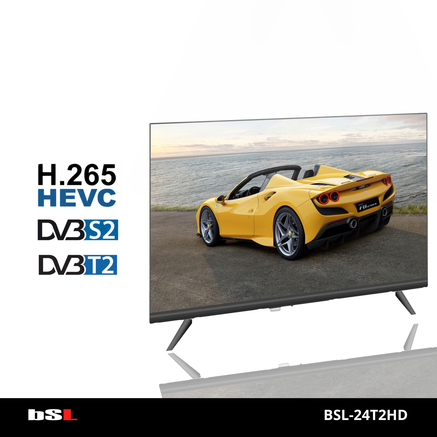 Coche deportivo amarillo en un televisor de pantalla plana. Texto indica H.265 HEVC, DVB-S2 y DVB-T2.