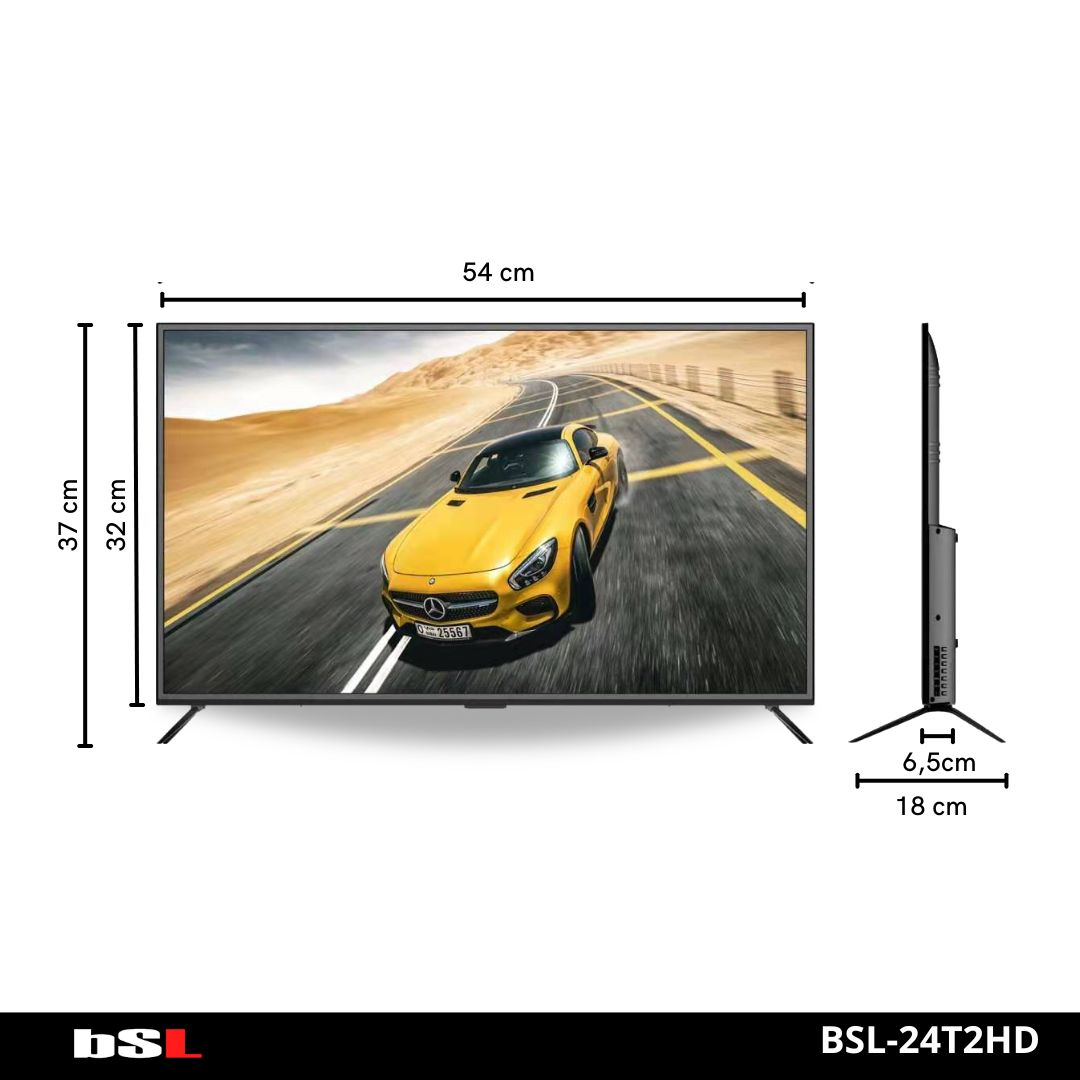 Televisor de pantalla plana con imagen de coche, dimensiones marcadas. Vista lateral muestra el grosor.