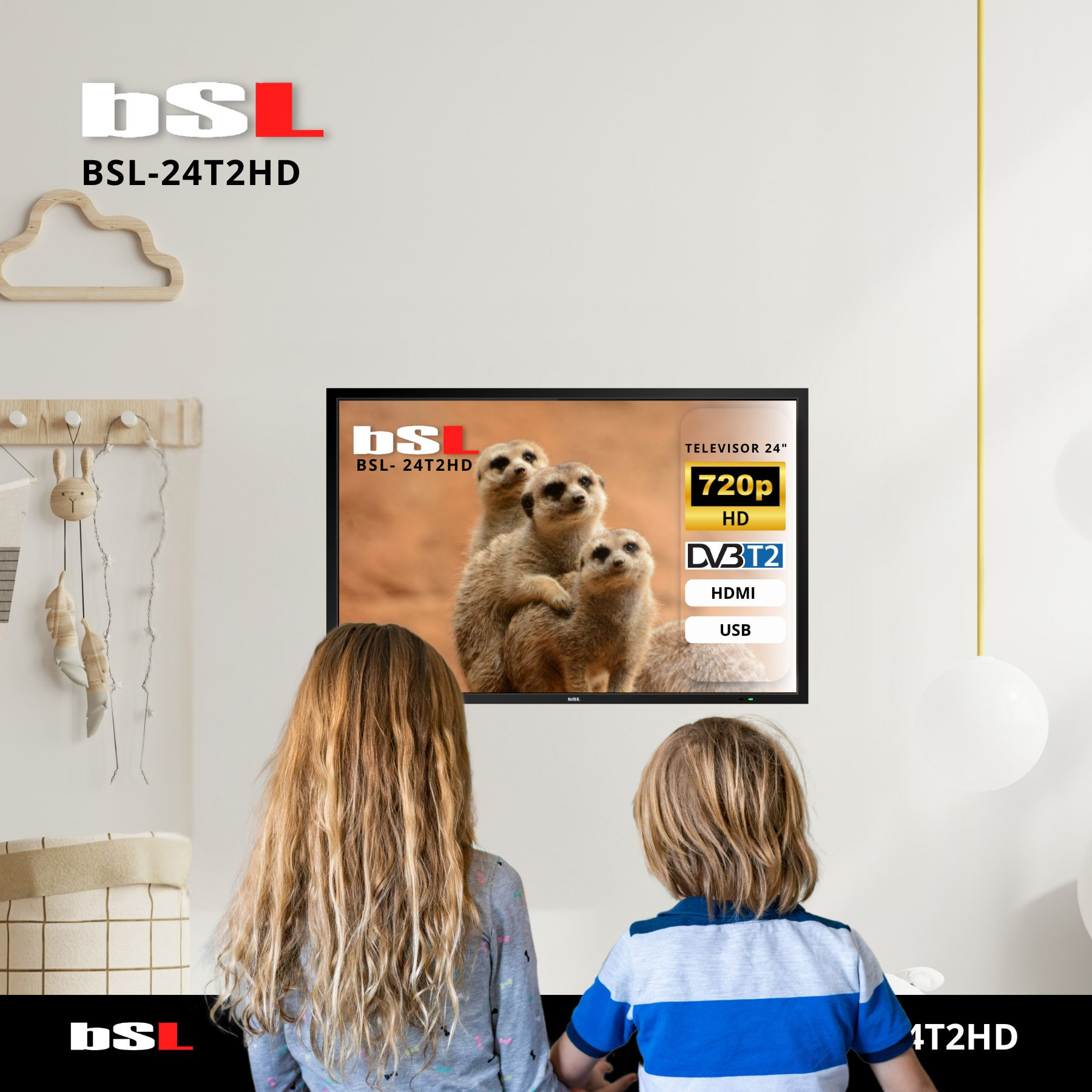 Dos niños mirando un televisor con suricatos. El televisor tiene marca.