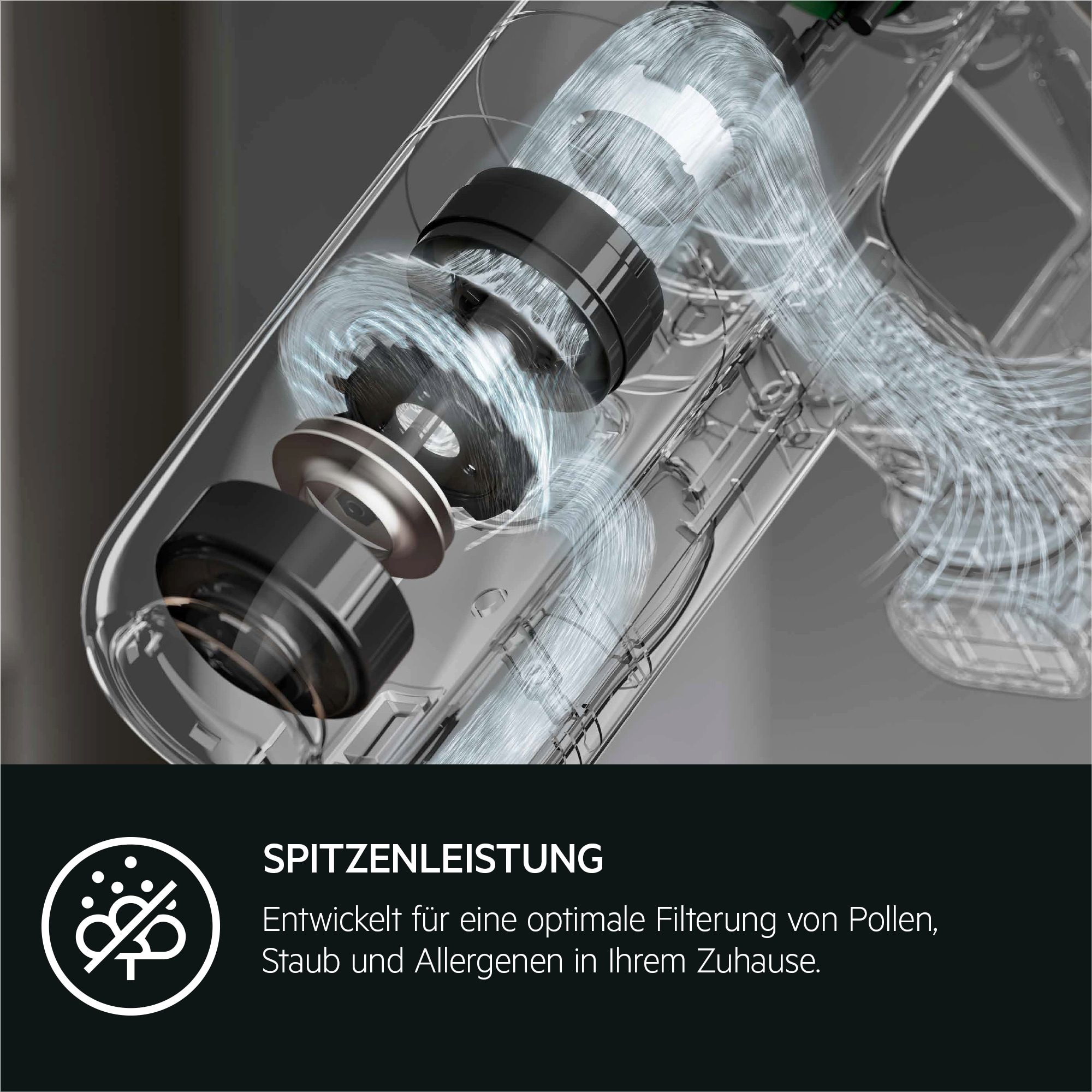 Zbliżenie wnętrza przezroczystego urządzenia z wzorami przepływu powietrza, przedstawiające filtrację alergenów.