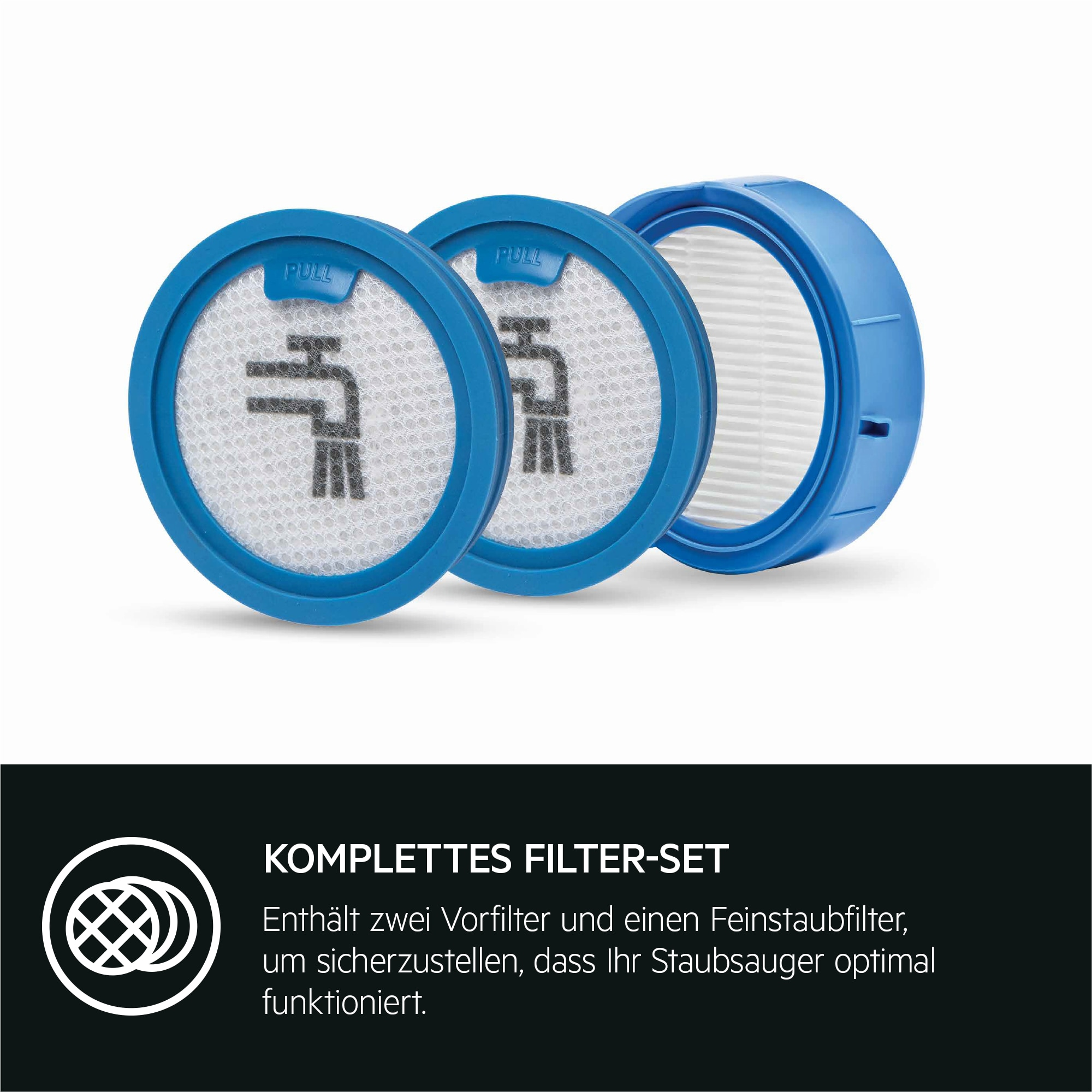 Trzy niebieskie zestawy filtrów do odkurzacza. Tekst mówi 'Komplettes Filter-Set' i ma logo.