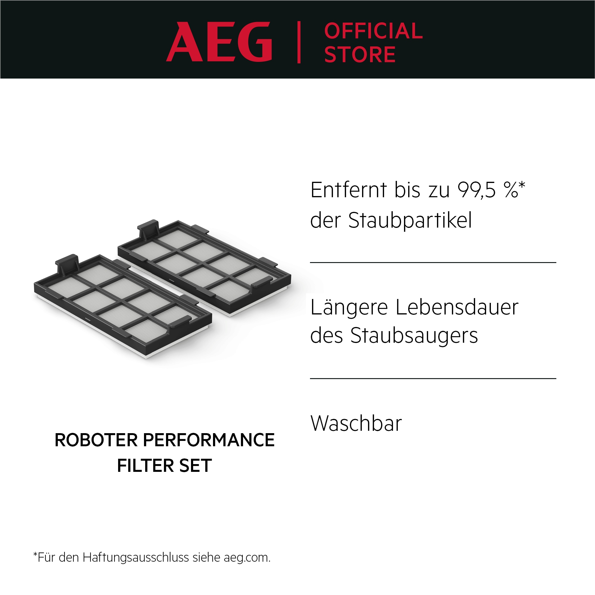 Zwei schwarze Roboter-Staubsaugerfilter mit Text zur Staubpartikelentfernung.