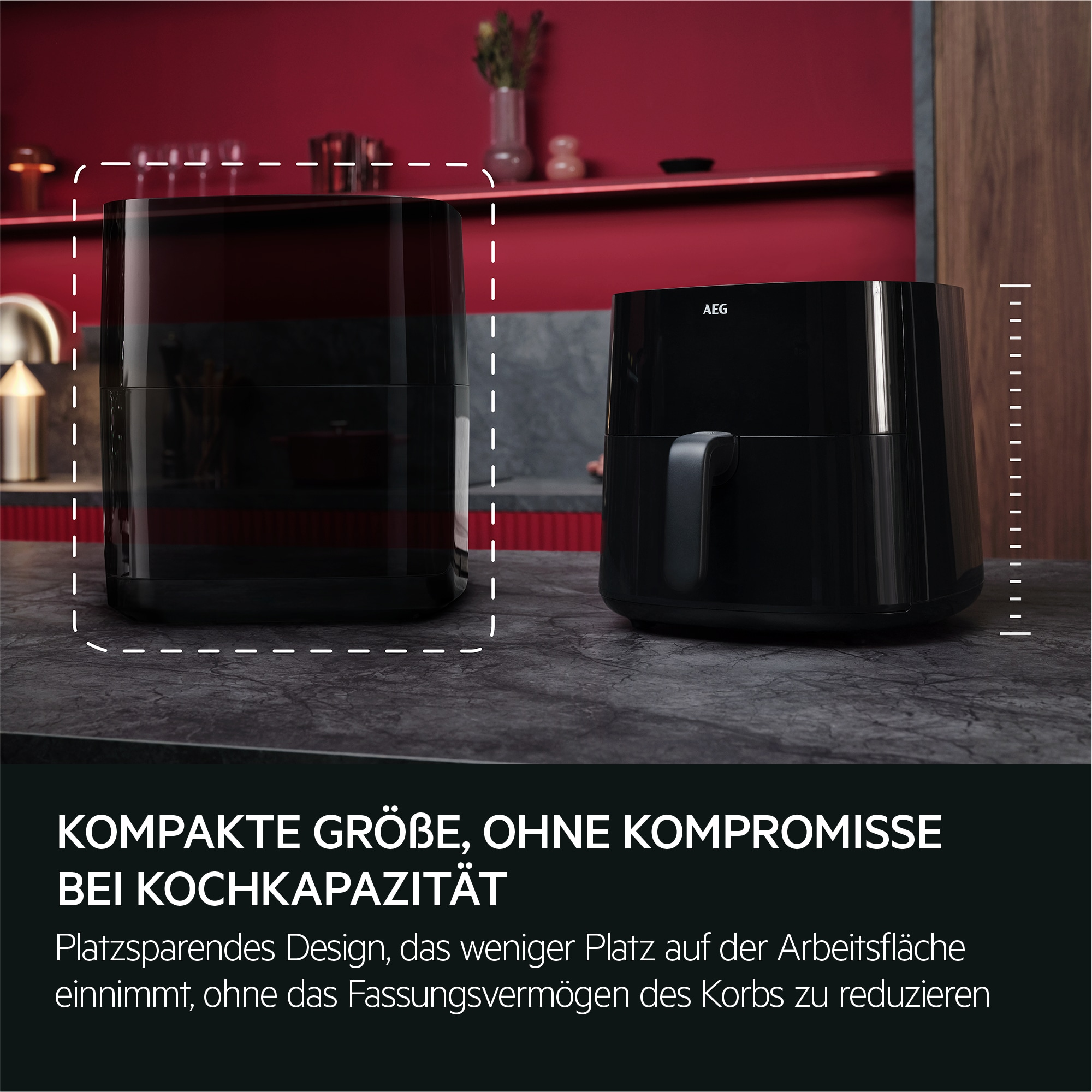 Czarna frytkownica na blacie. Tekst: 'KOMPAKTOWY ROZMIAR, BEZ KOMPROMISÓW'.