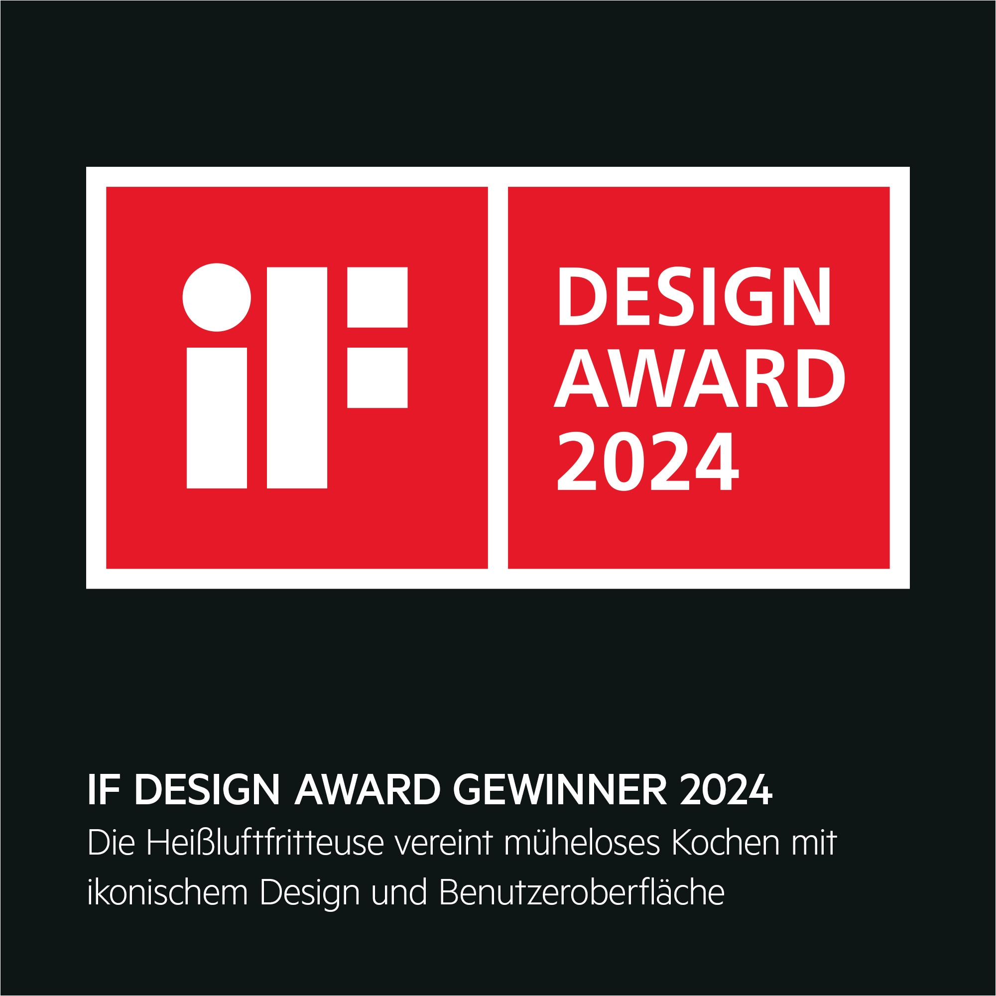 Czerwony kwadrat z białym logo "iF" i tekstem "DESIGN AWARD 2024" na czarnym tle.