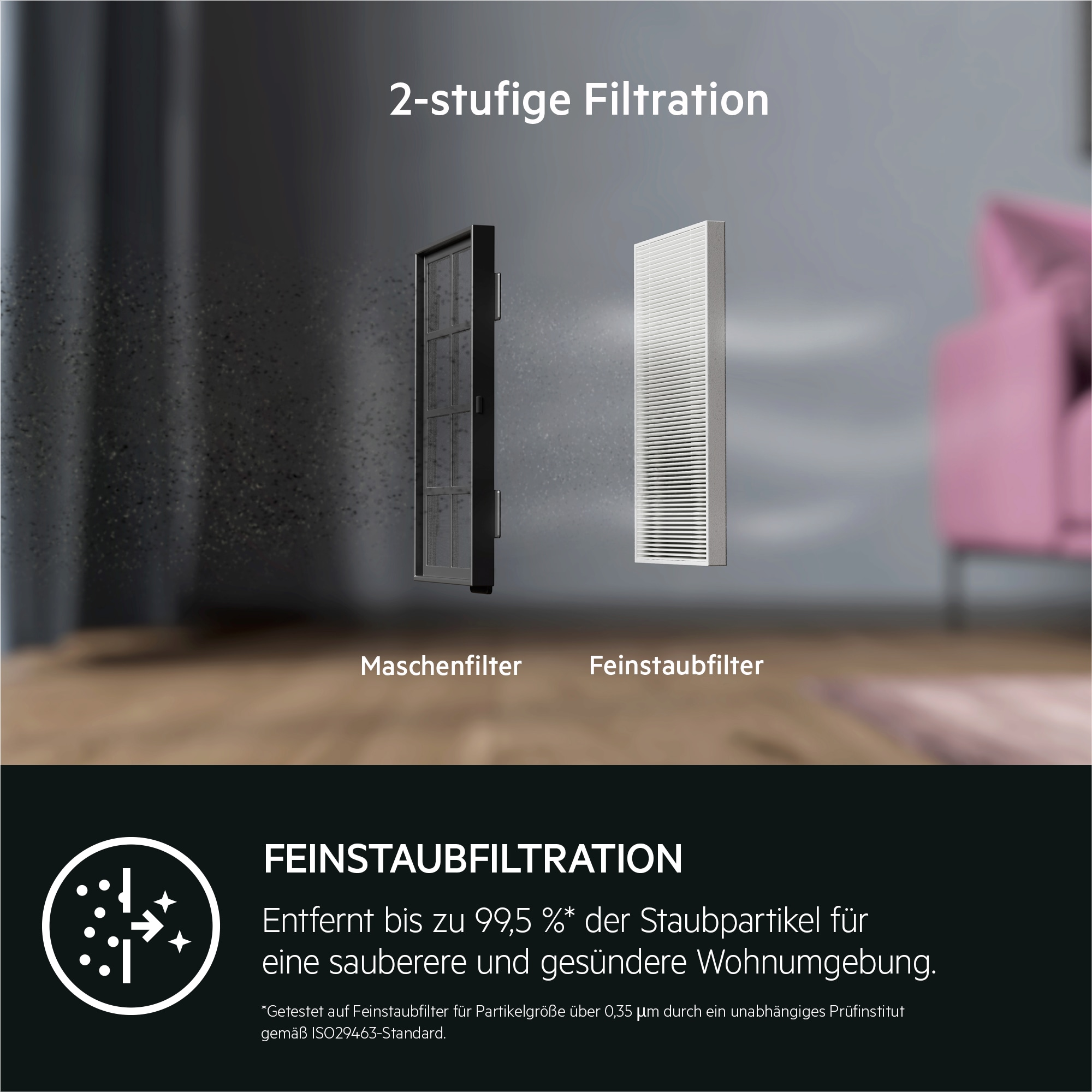 Ein Luftfilter mit zwei Komponenten: einem Maschenfilter und einem Feinstaubfilter. Textbeschriftungen sind vorhanden.