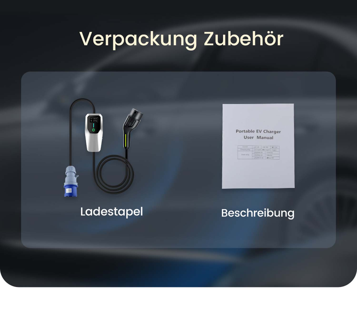 Ladestation und Benutzerhandbuch auf dem Tisch. Dunkler Hintergrund.