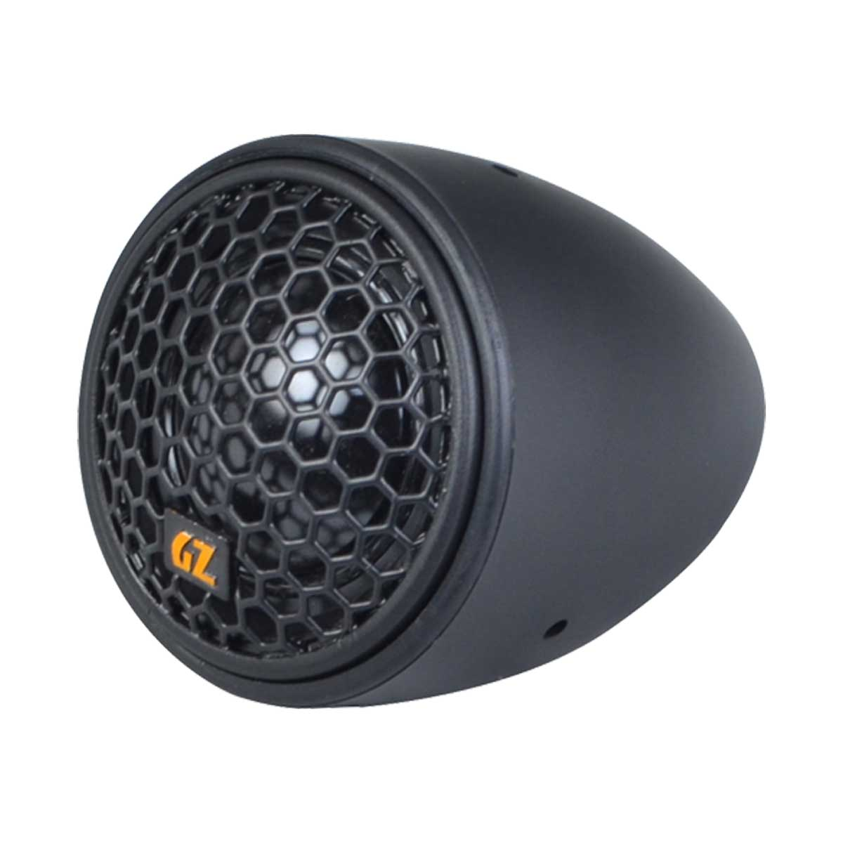 Schwarzer, oval geformter Lautsprecher mit einem Wabengrill. Der Lautsprecher ist auf weißem Hintergrund.