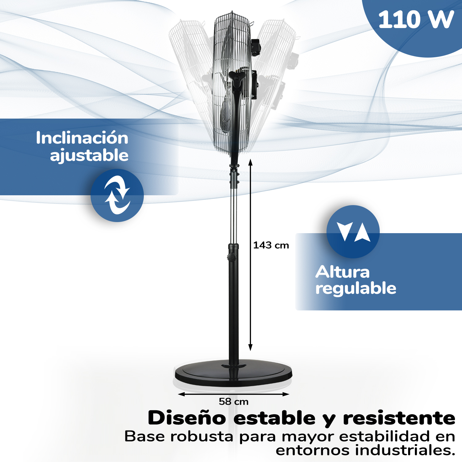 Ventilador de pie negro y plateado con altura e inclinación ajustables, fondo blanco.
