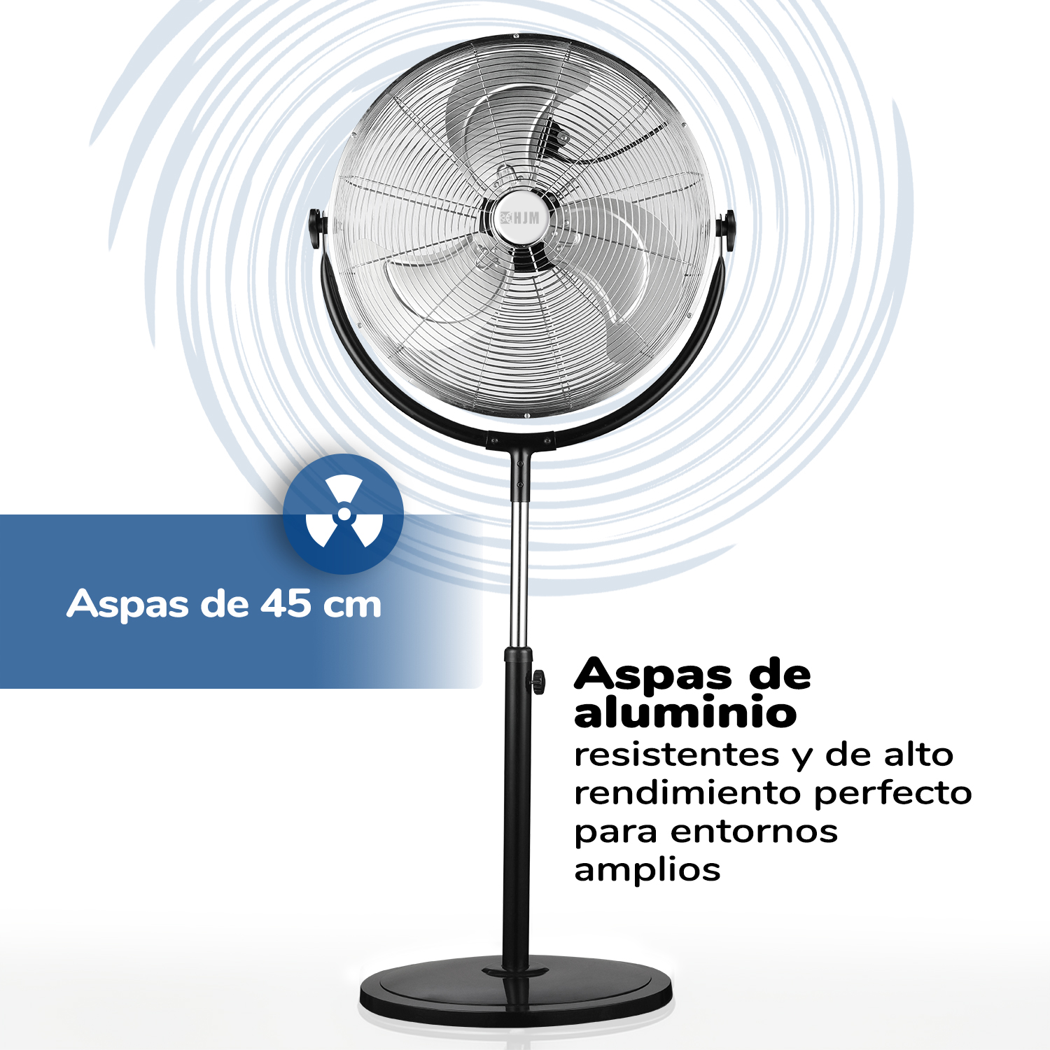 Ventilador negro sobre soporte con aspas de aluminio. Superposición gráfica azul y blanca.